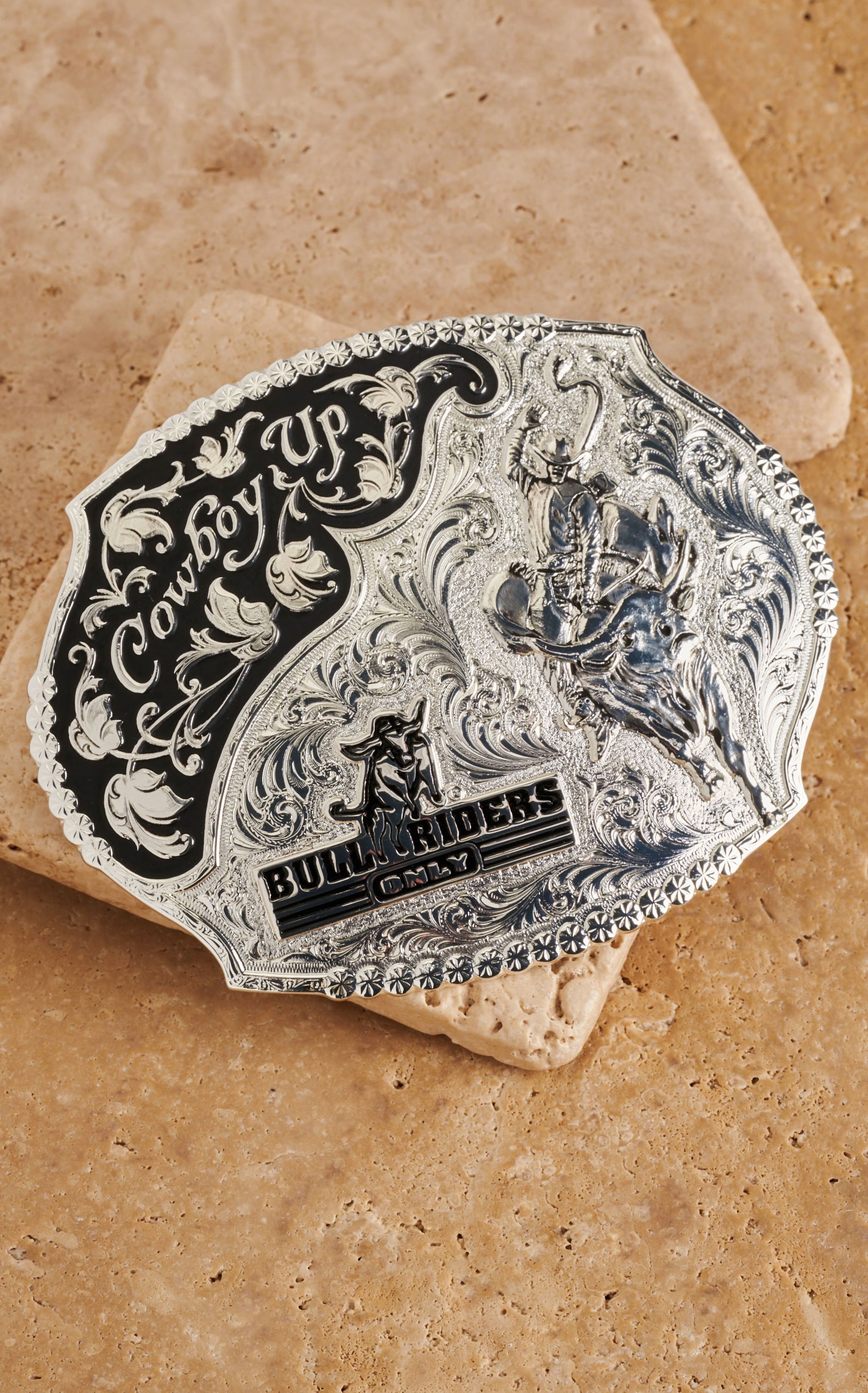 Montana Silversmiths Silver Bull Riders Only Scalloped Belt Buckle - Image 1