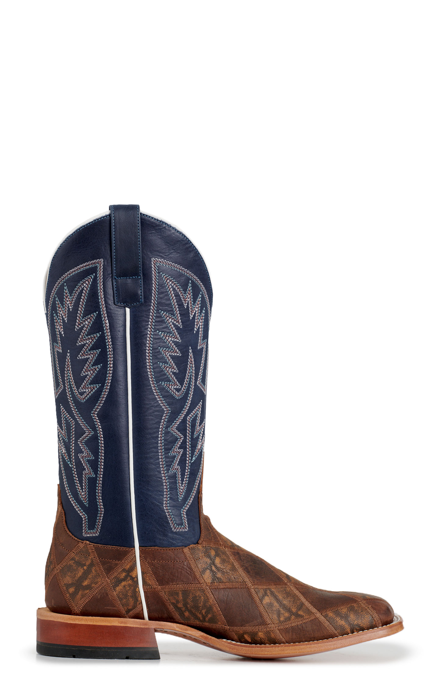 Anderson Bean Men's Horsepower Distressed Cognac Bison & Dark Blue Wide Square Toe Cowboy Boots - Image 1
