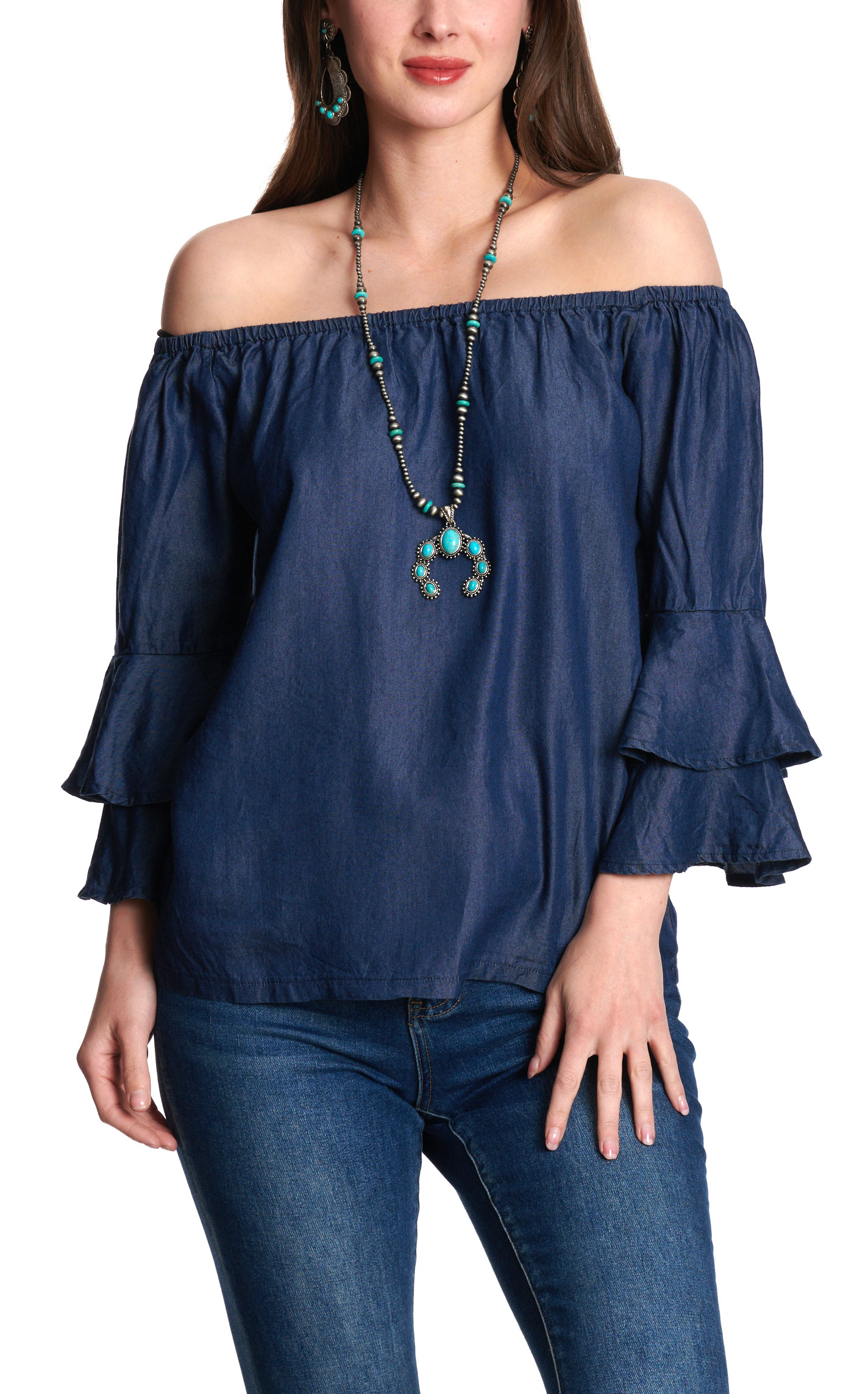 Cowgirl Hardware Women’s Blue Faux Denim Off Shoulder Top - Image 2