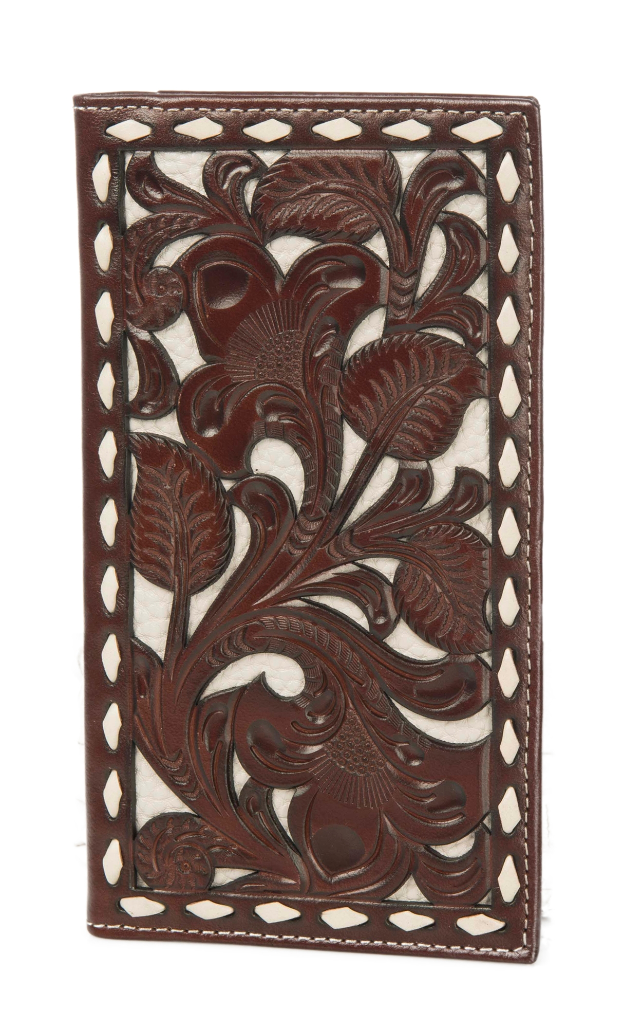 Nocona Brown & Ivory Tooled Overlay Rodeo Wallet / Checkbook Cover - Image 1