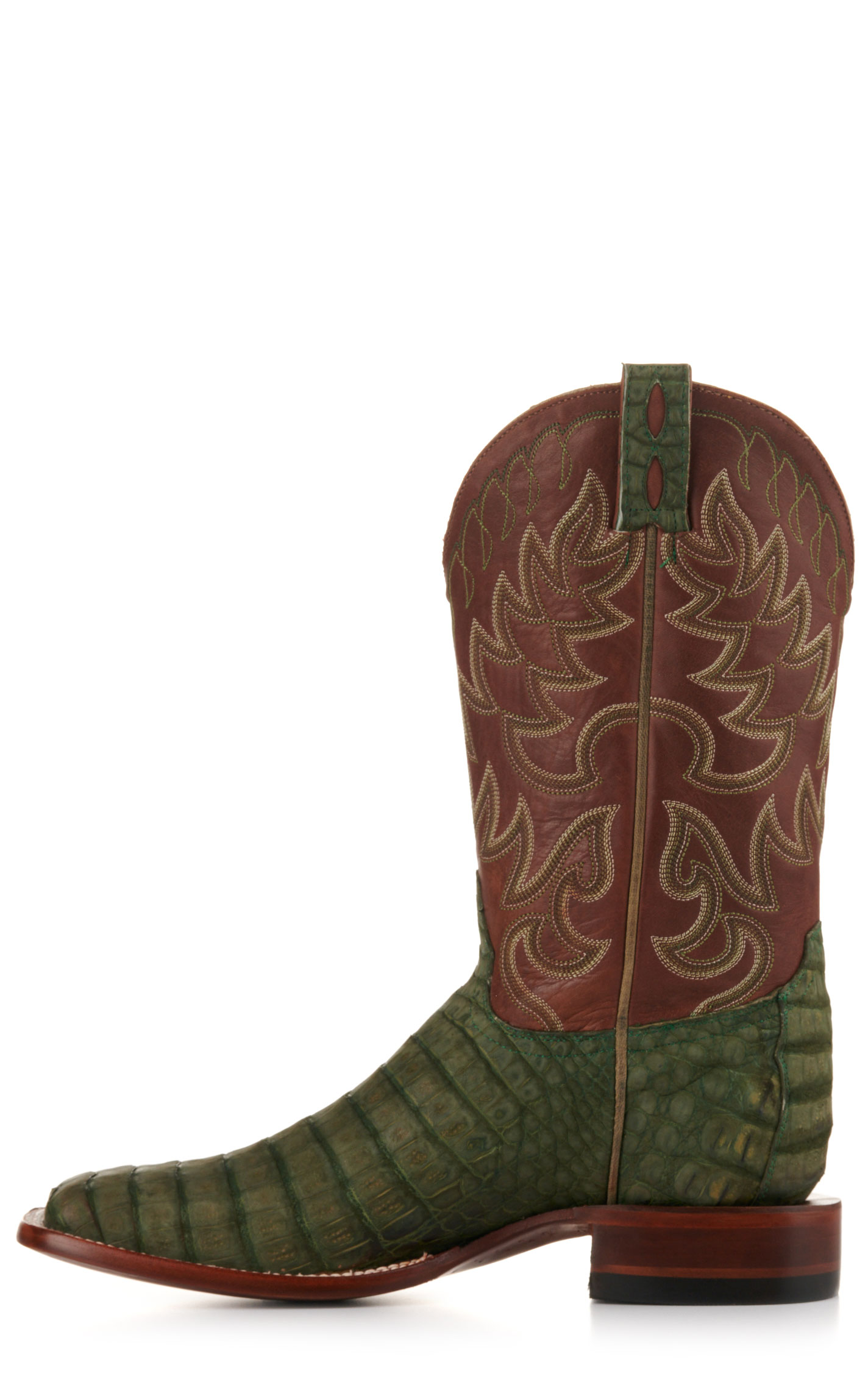 Cavender's Men's Brown and Green Sueded Caiman Wide Square Toe Exotic Cowboy Boots - Image 1