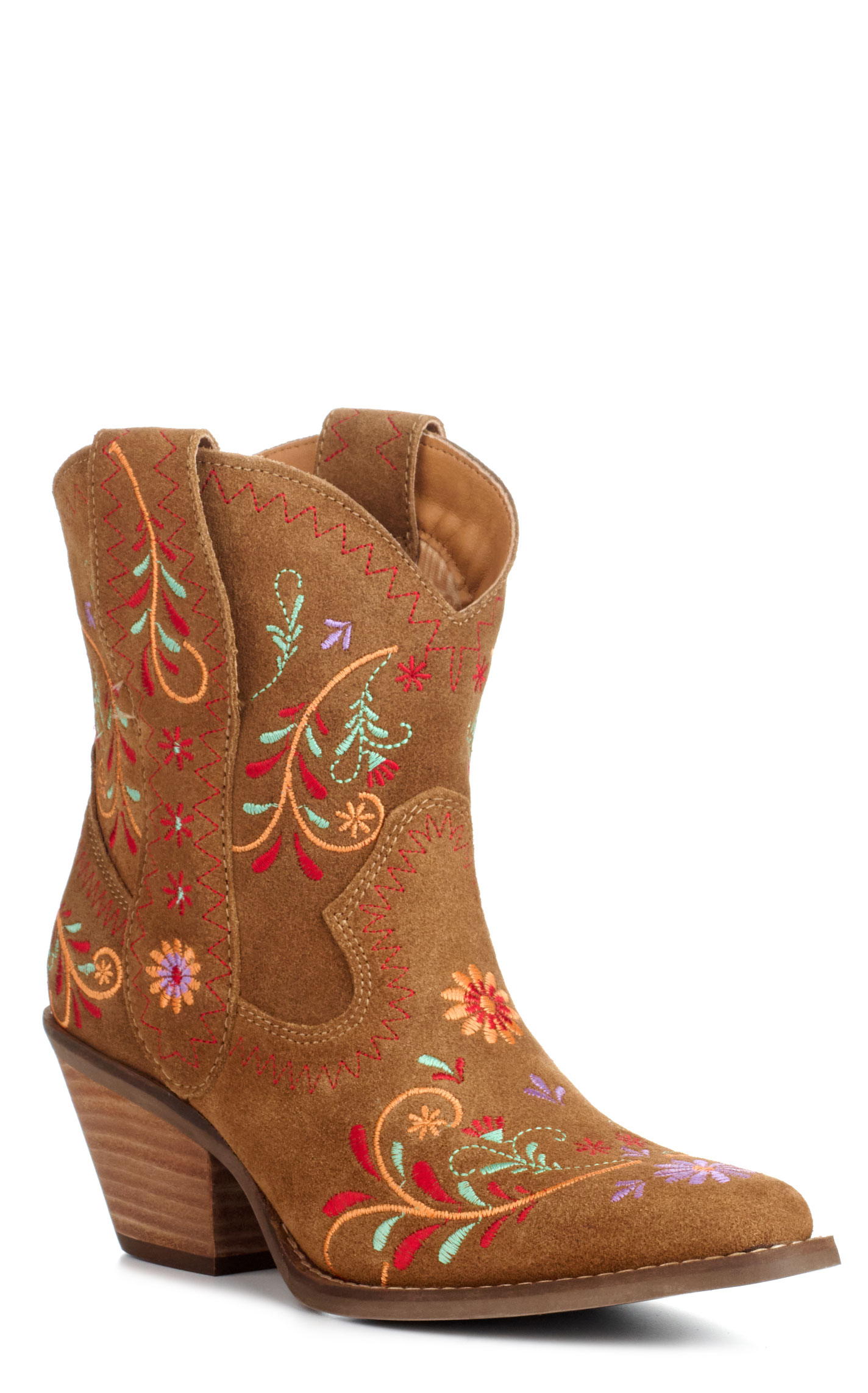 Dingo Women's Sugar Bug Camel Suede with Floral Embroidery Round Toe Booties - Image 1