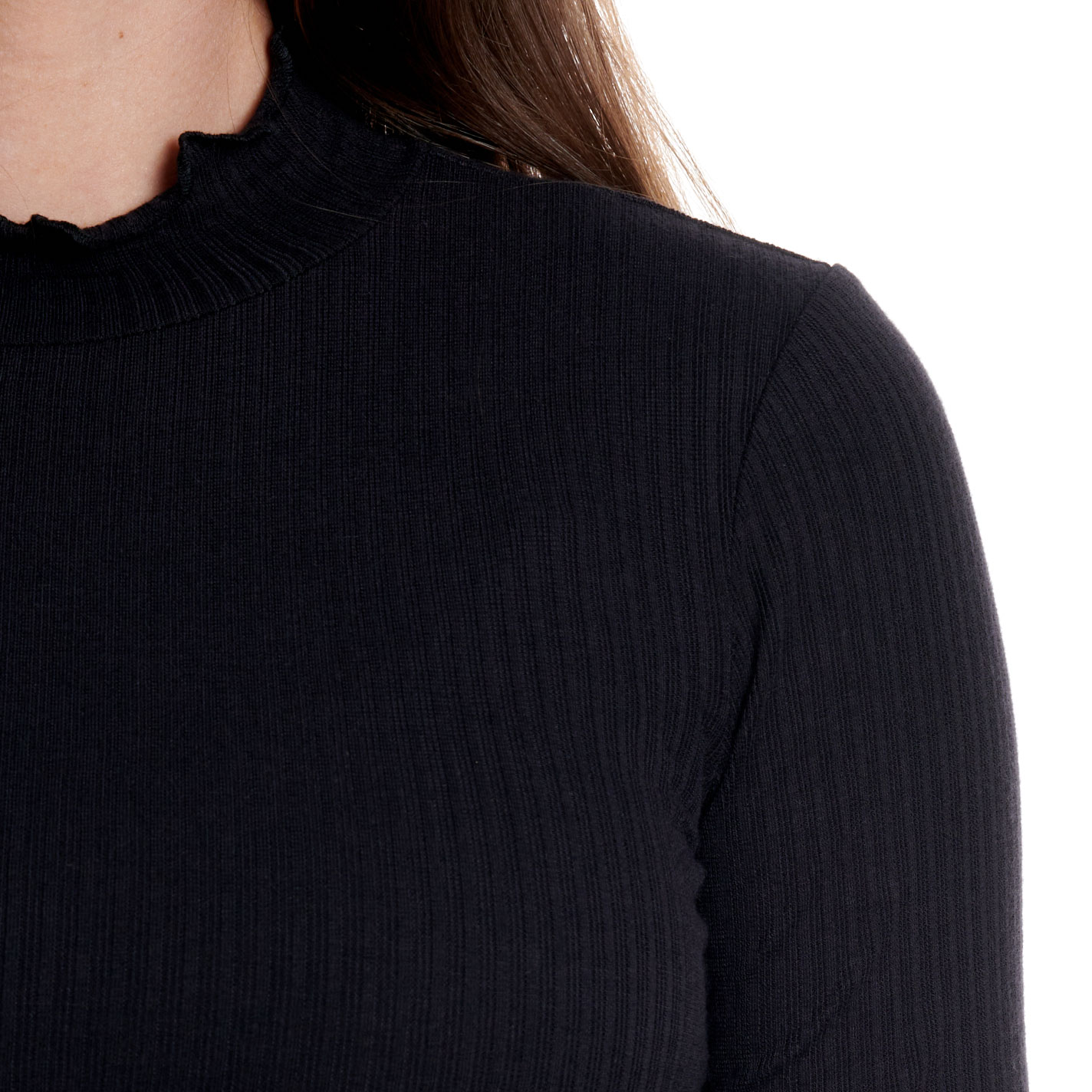 HYFVE Solid Black Long Sleeve Ruffled Hem Cropped Top - Image 1