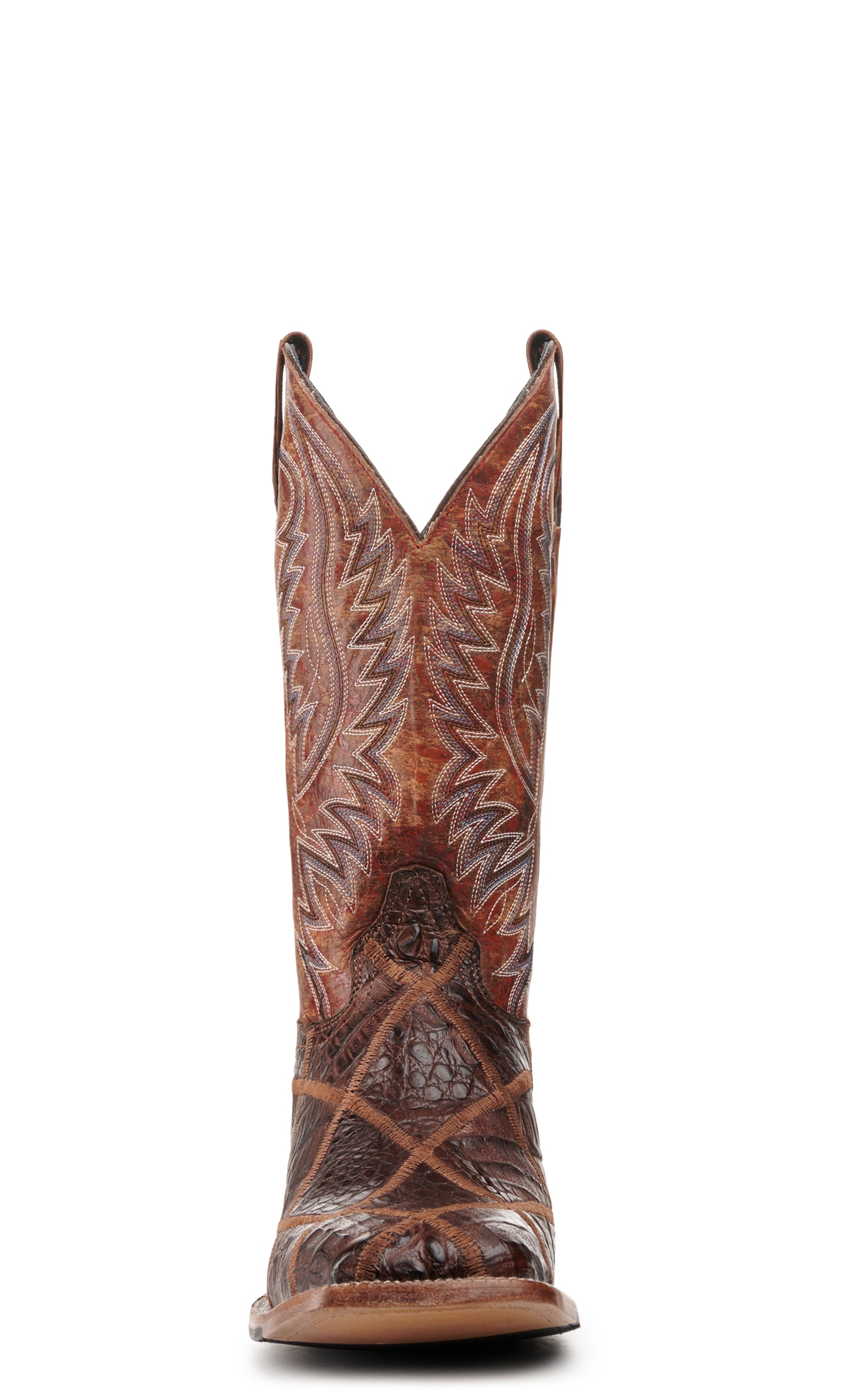 Cavender's Men's Rust and Cigar Caiman Patchwork Wide Square Toe Exotic Cowboy Boots - Image 1