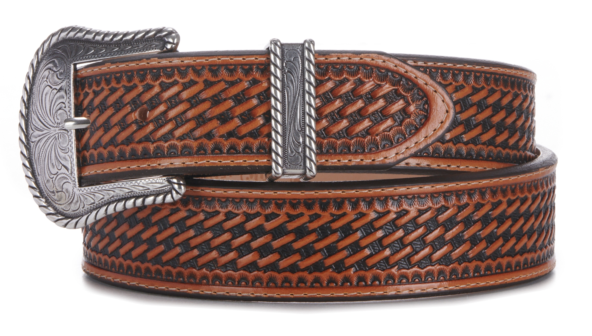 Justin Men's Bronco Genuine Leather Basket Weave Western Belt  - Image 1
