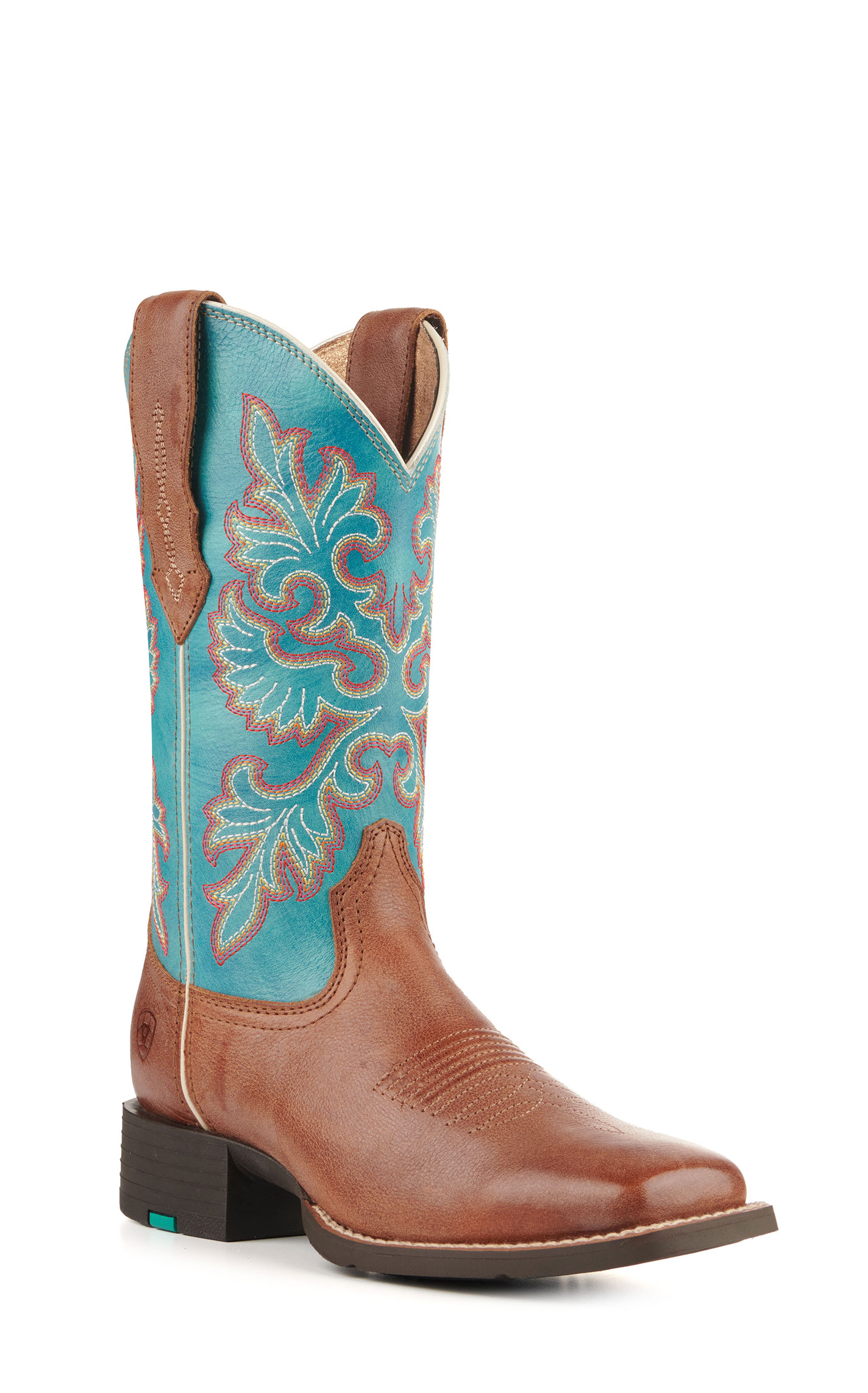 Ariat Women's Round Up Buff Brown and Blue StretchFit Wide Square Toe Cowboy Boots - Image 1