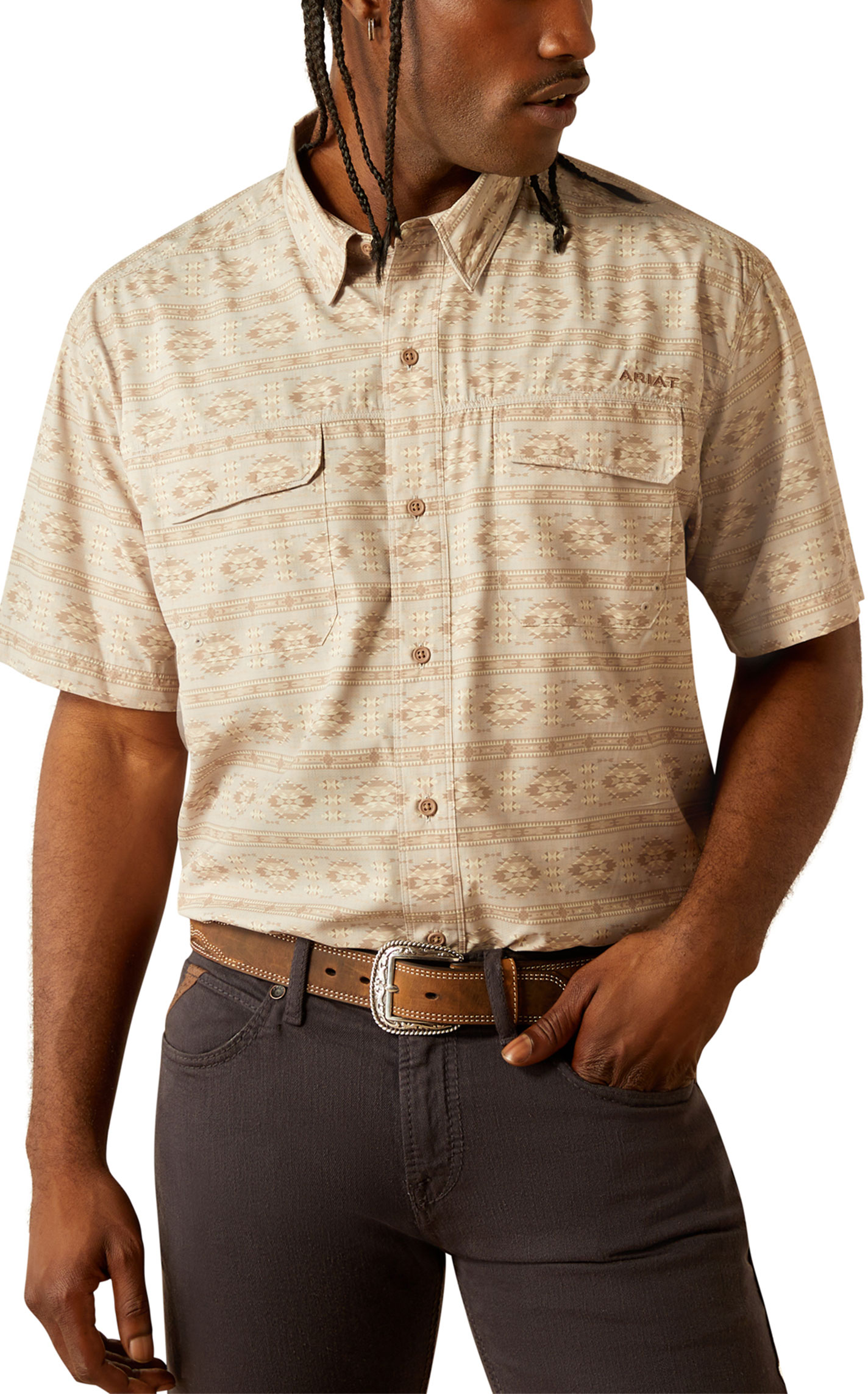 Ariat VentTEK Outbound Latte & Taupe Aztec Button Down Shirt - Image 1