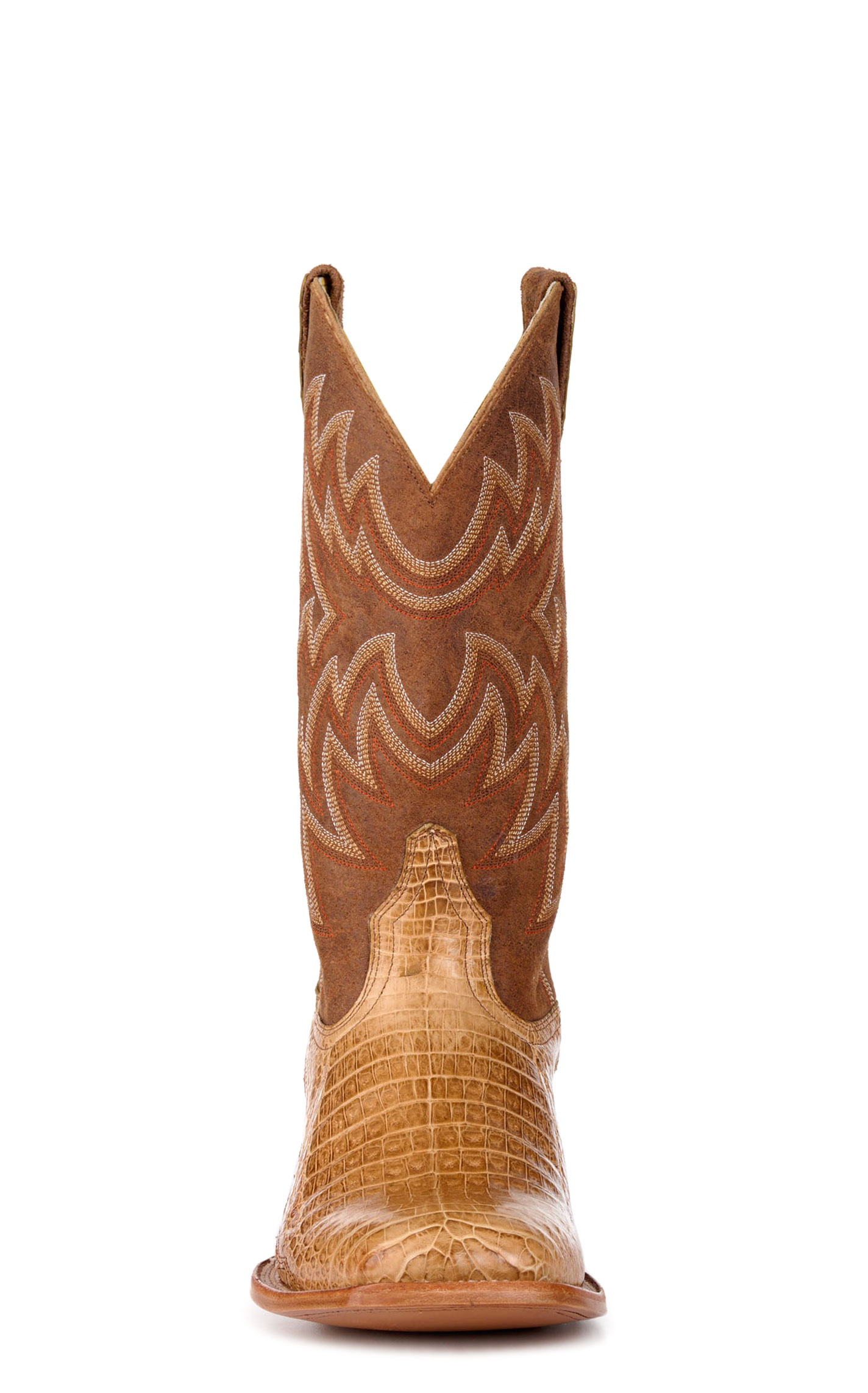 Cavender's Men's Brown and Saddle Caiman Belly Wide Square Toe Exotic Cowboy Boots - Image 1