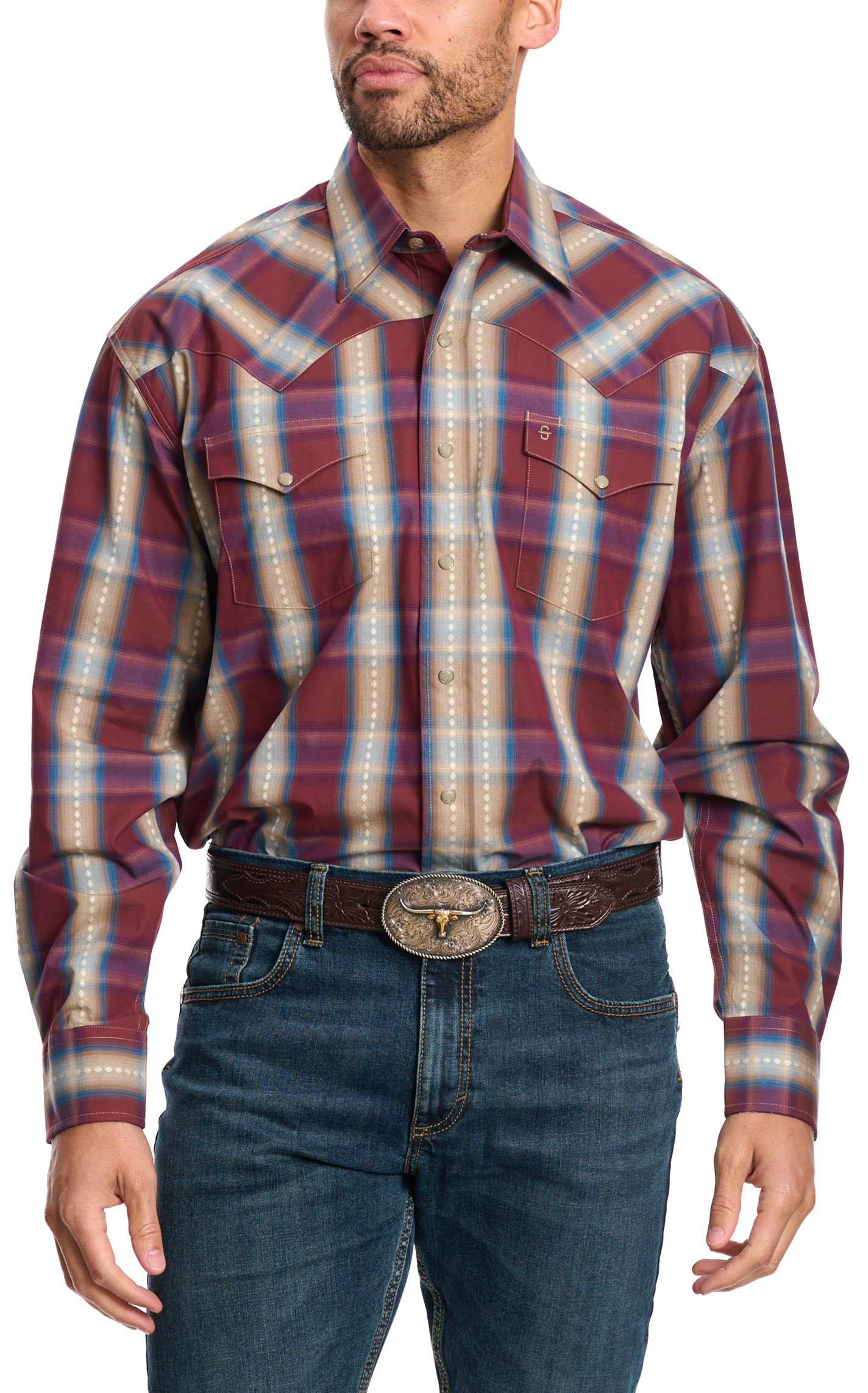 Stetson Men's Wine Blue & Latte Plaid Western Shirt - Image 1
