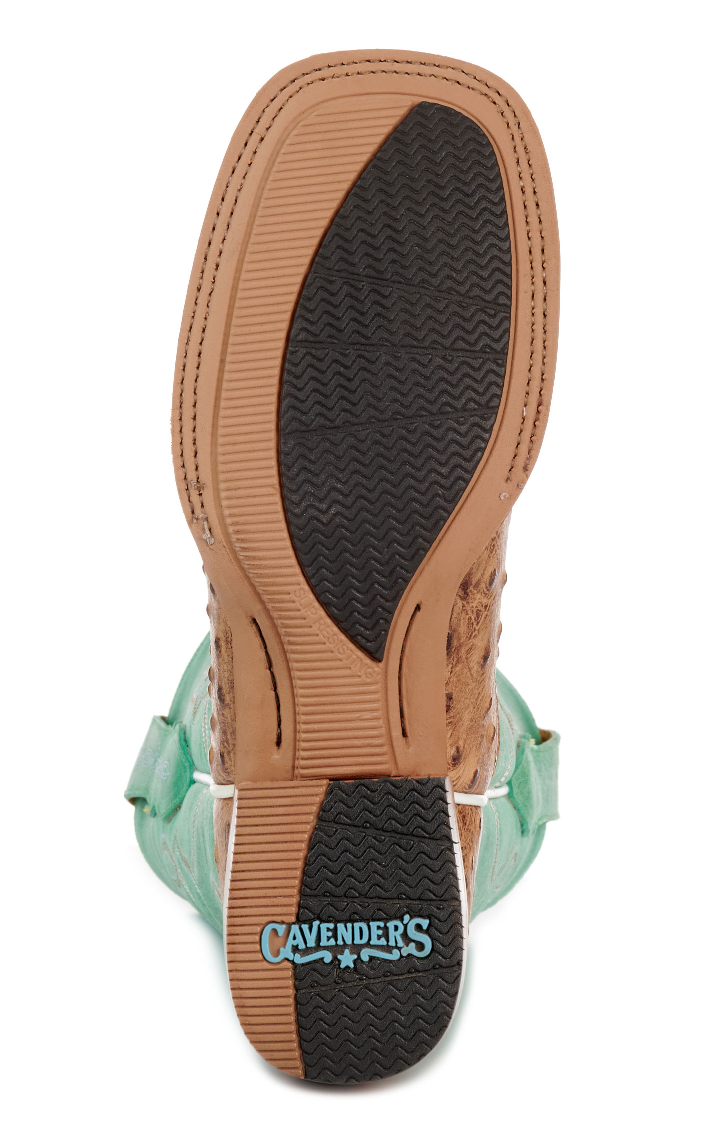 Cavender’s Women’s Intrepid Saddle Tan Ostrich Print and Green Wide Square Toe Cowboy Boots  - Image 1