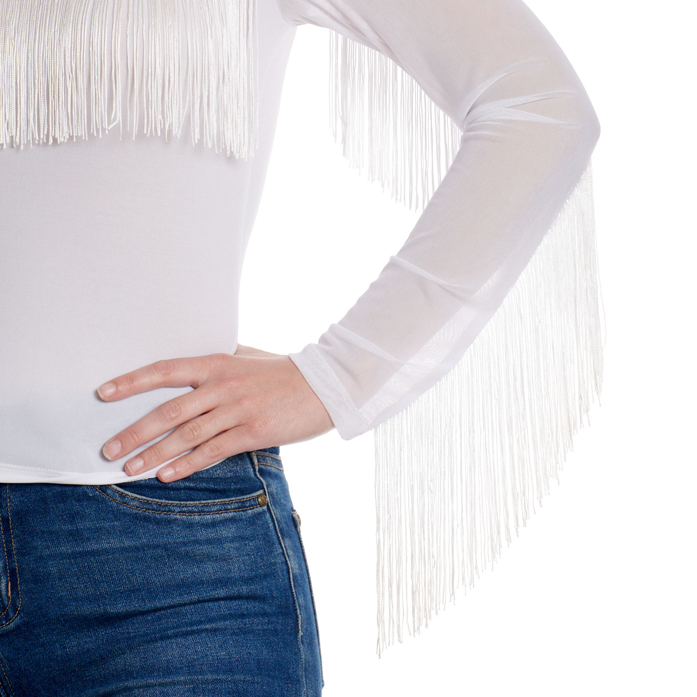 Cowgirl Hardware Women's White Mesh Yoke & Fringe Long Sleeve Top - Image 3