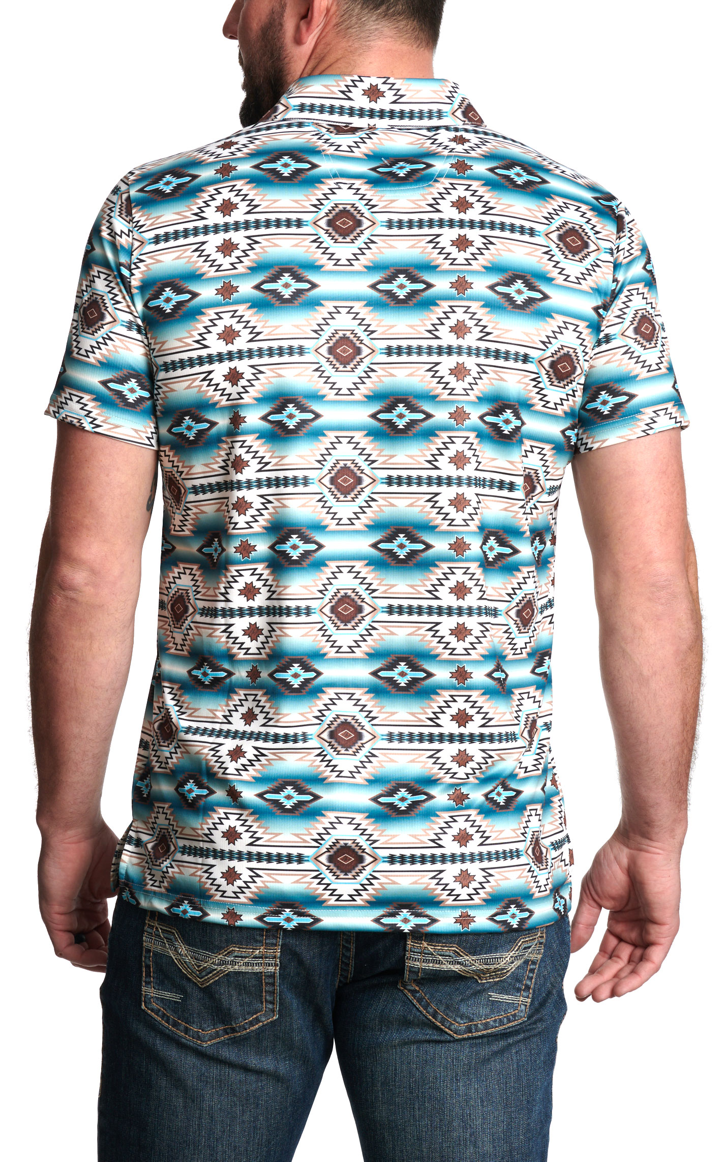 Rock & Roll Denim Men's Turquoise & Coffee Aztec Print Polo - Image 1