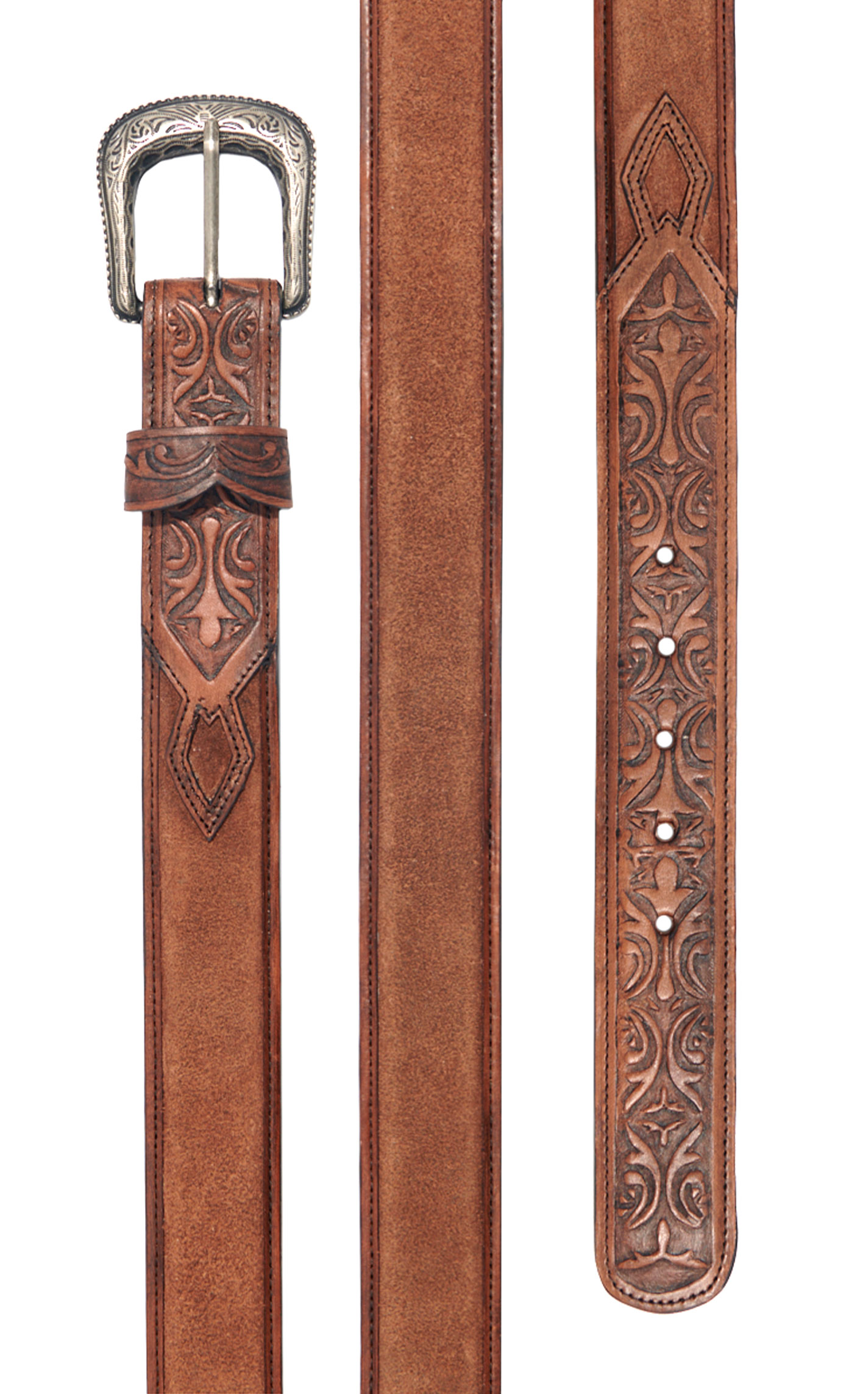 Cavender's Men's Medium Brown Embossed Leather & Suede Inlay Belt - Image 1