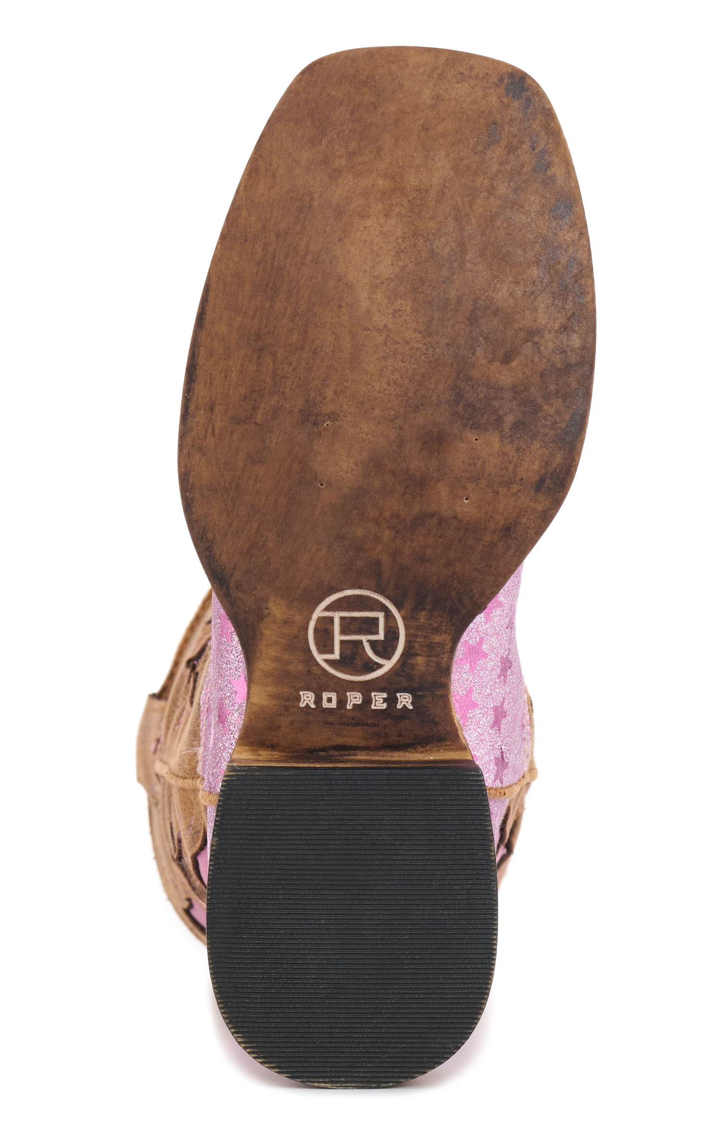 Roper Girls' Pink Glitter and Brown Starlet Leather Tall Square Toe Cowboy Boots - Image 1