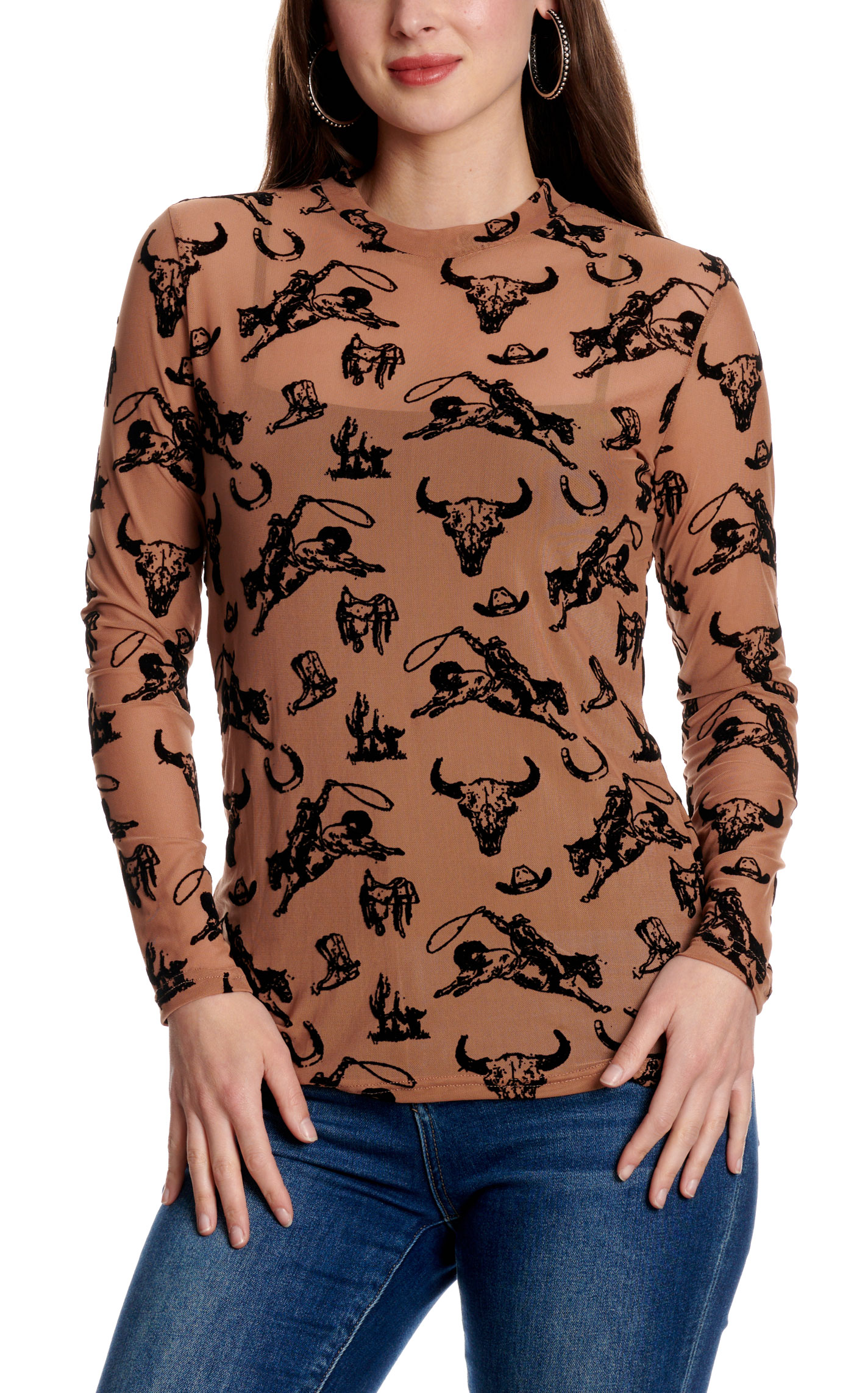 Merigold Kiss Women's Light Brown Bronco Flocked Mesh Top - Image 1