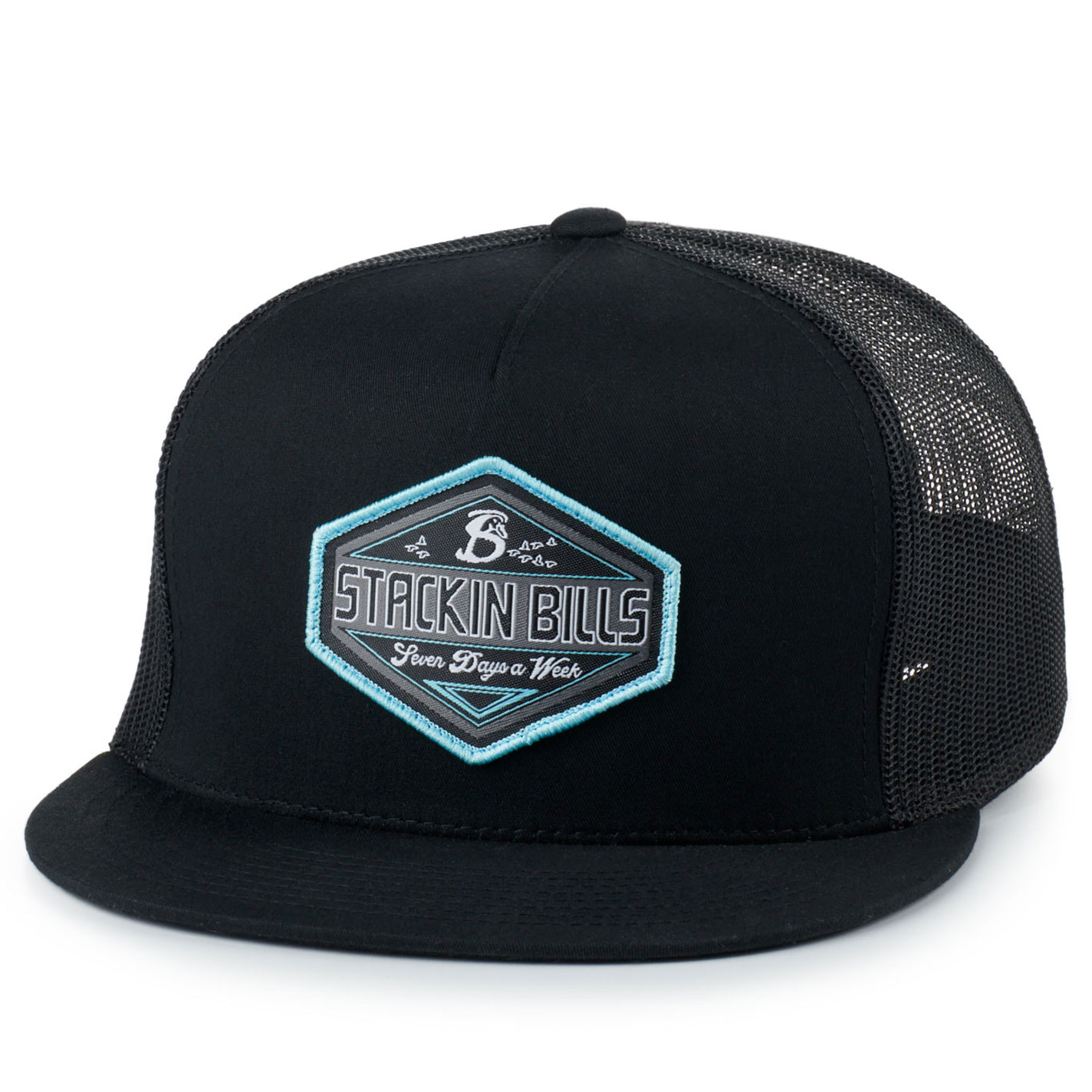Stackin Bills Black on Black & Light Blue Duck Logo Patch Cap - Image 1