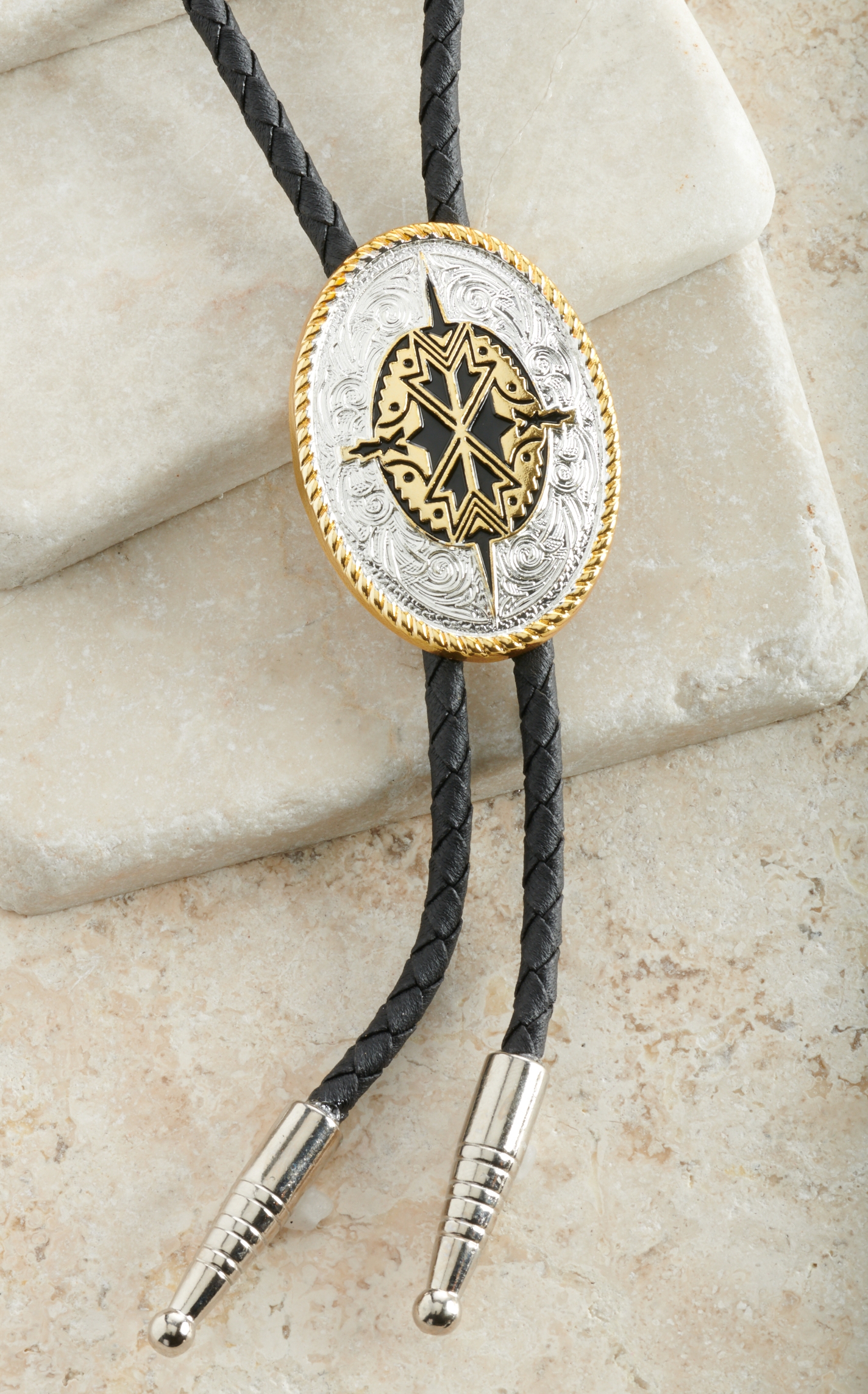 M&F Western Silver & Gold with Aztec Center Oval Bolo Tie - Image 1
