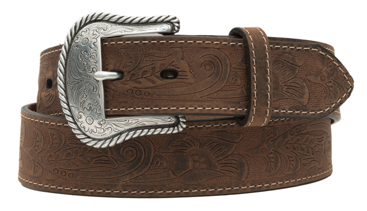 Cavender's Men's Brown Tooled Leather with Etched Silver Buckle Western Belt - Image 1