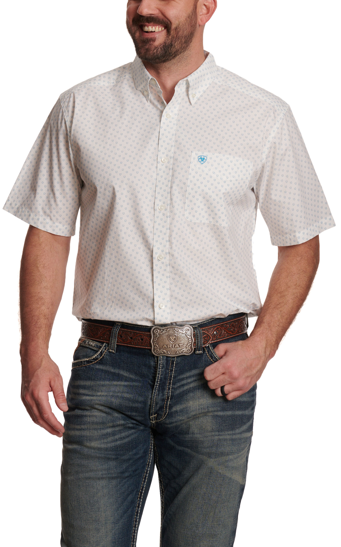 Ariat Men's White & Light Blue Western Print Shirt - Image 1