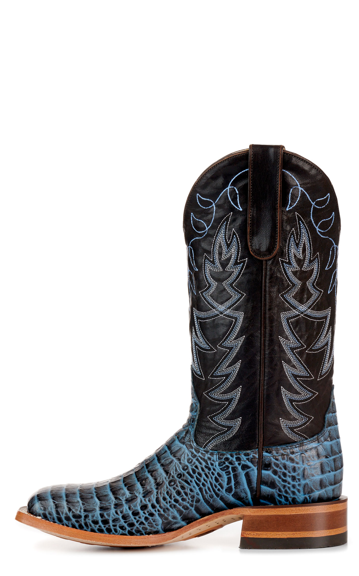 Cavender’s Women’s Endurance Chocolate and Blue Crocodile Print Wide Square Toe Cowboy Boots  - Image 1