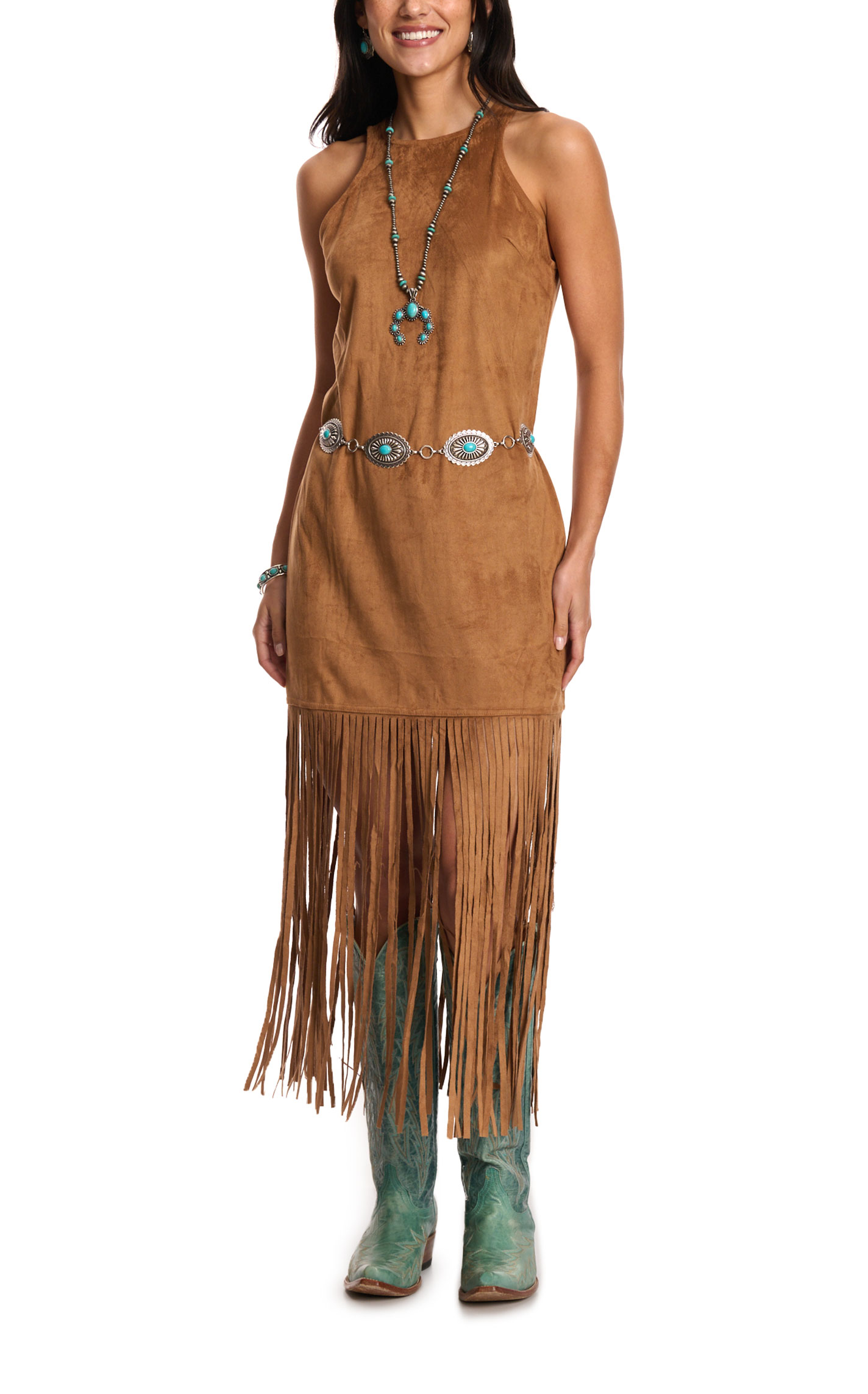 Fashion Express Women's Brown Sugar Faux Suede Fringe Dress - Image 1