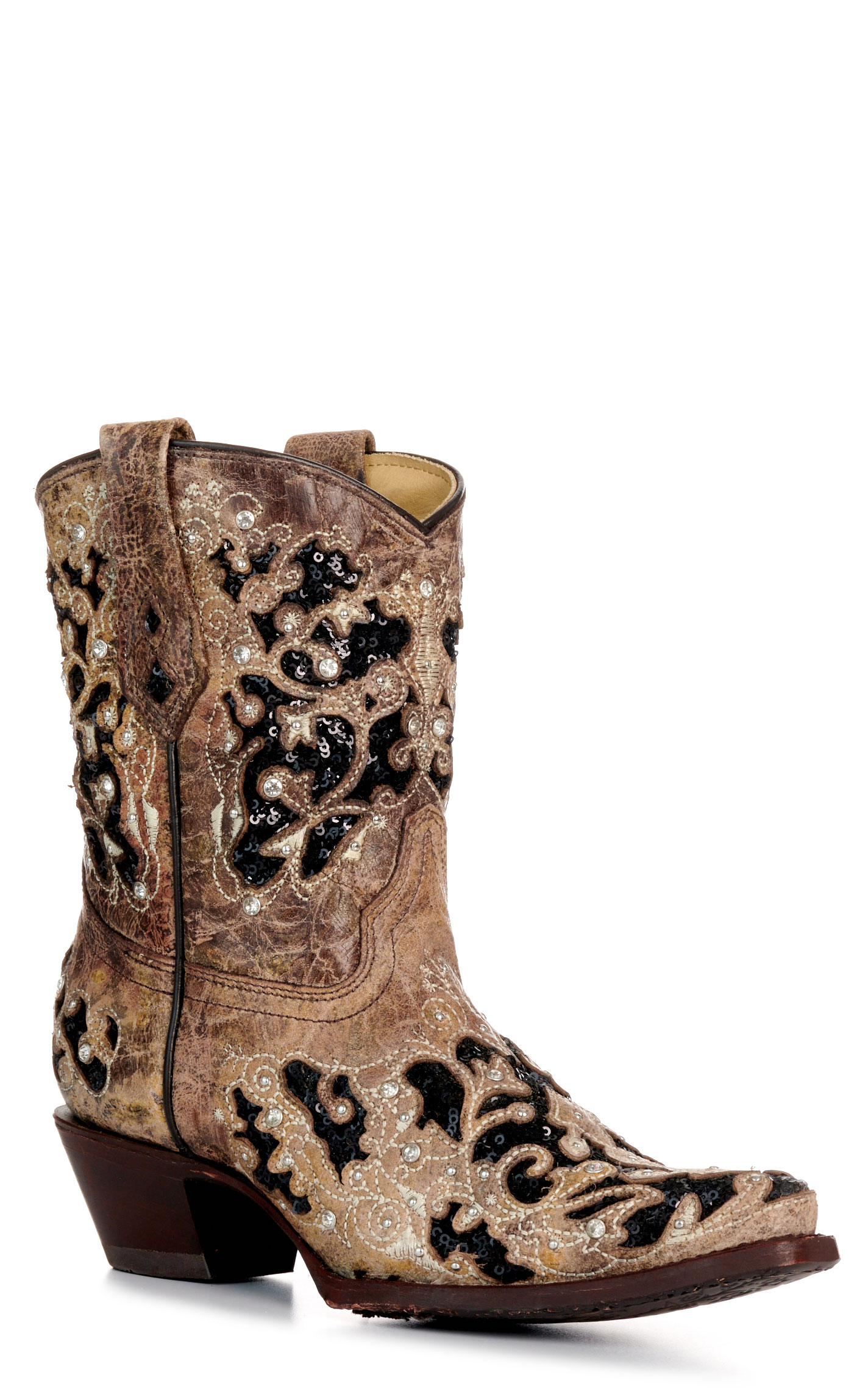 Corral Women's Brown with Black Glitter & Crystals Inlay Snip Toe Cowboy Booties - Image 1