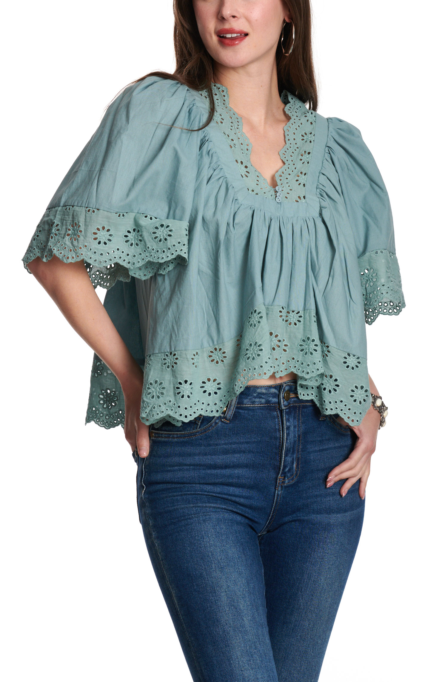 Rockin C Women’s Pale Blue Eyelet Ruffle Blouse - Image 1