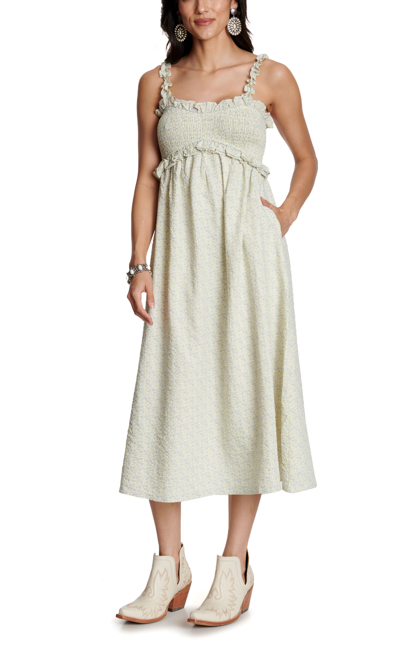 TCEC Women's Cream Smocked Print Dress - Image 1