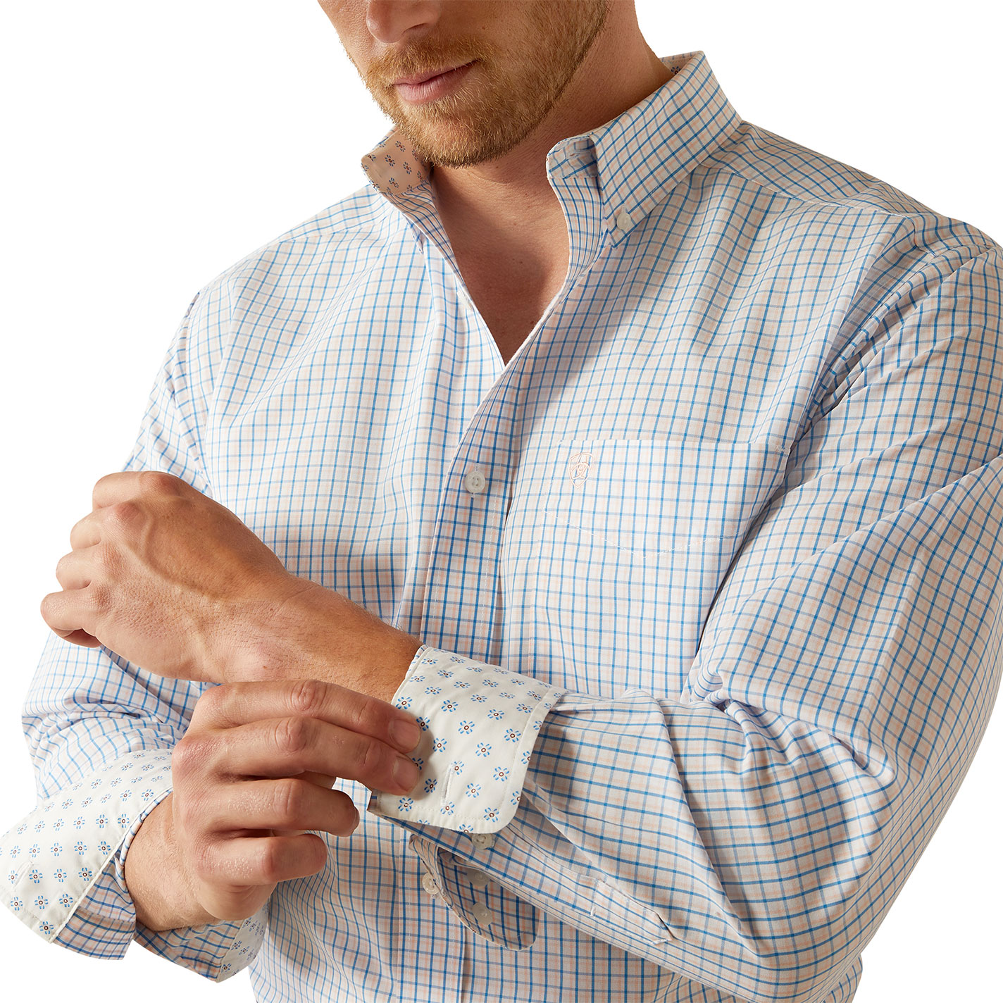 Ariat Men's Alan Blue Peach & White Plaid Western Shirt - Image 1
