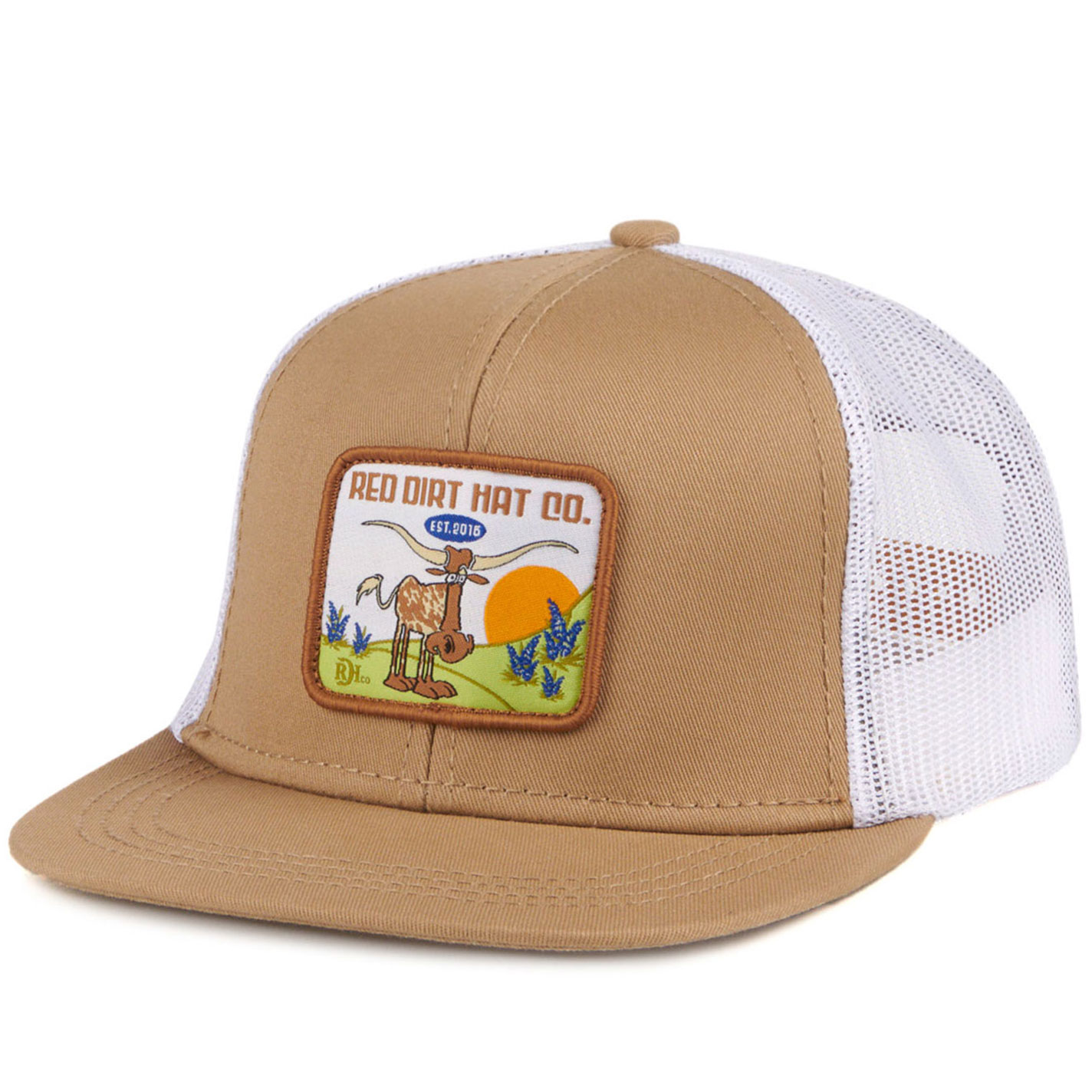 Red Dirt Hat Co.Youth Khaki and White Long Horn in a Field Logo Patch Cap - Image 1