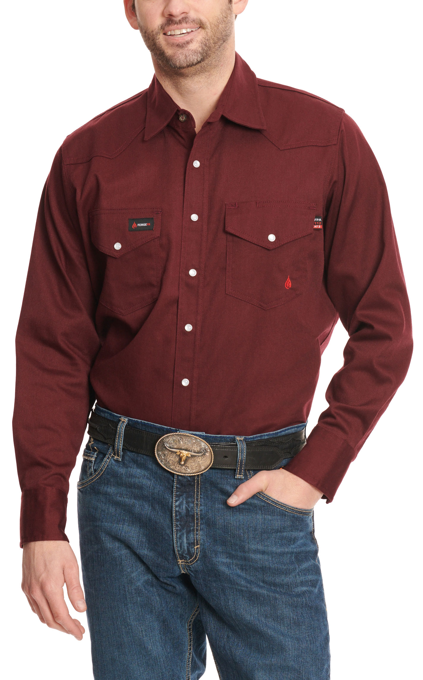 Forge Men's Burgundy Long Sleeve FR Work Shirt - Image 1