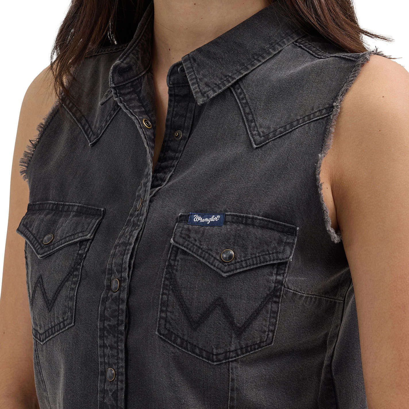 Wrangler Retro Women's Black Denim Frayed Sleeveless Top - Image 2