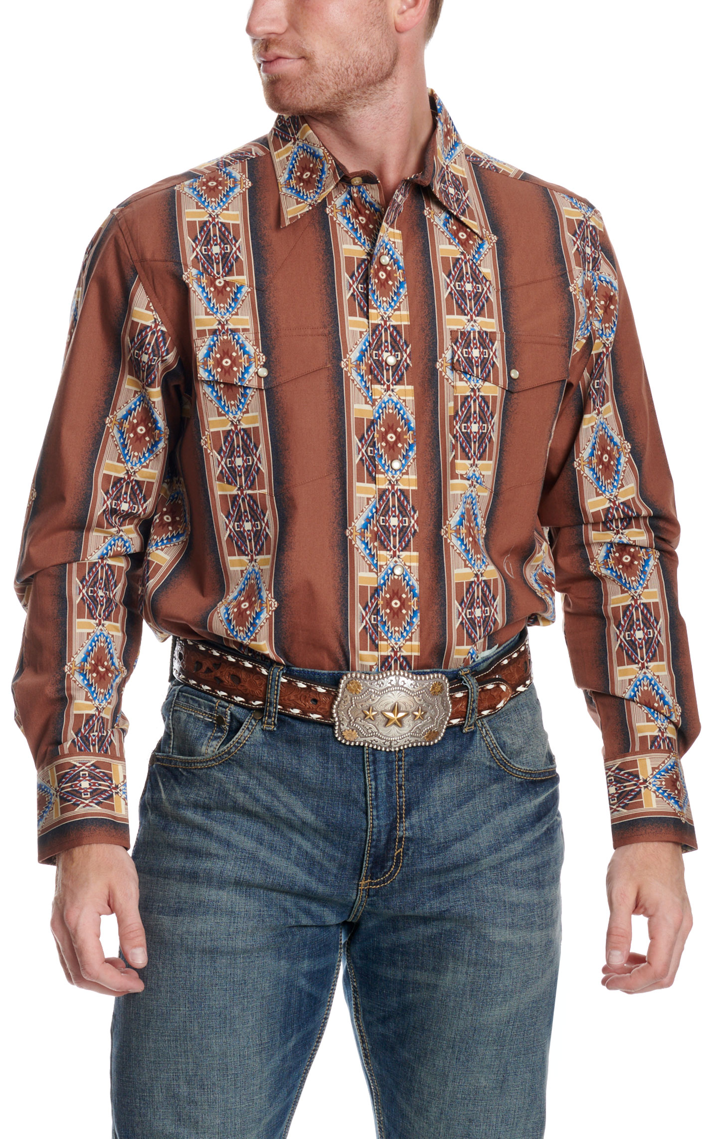 Checotah Men's Brown Aztec Print Western Shirt - Image 1