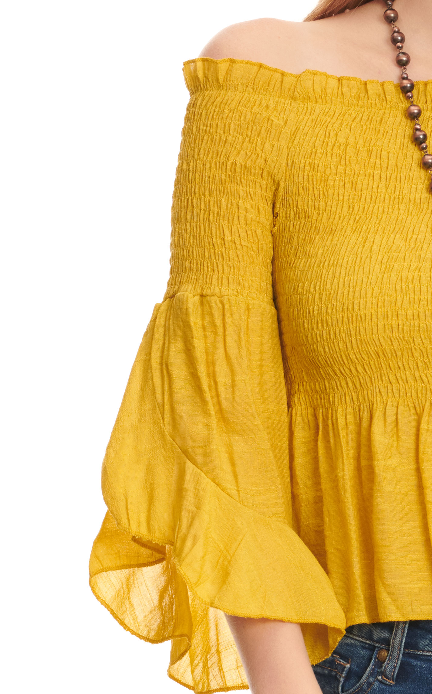 Fashion Express Women's Mustard Smocked Off the Shoulder Long Bell Sleeve Top  - Image 1