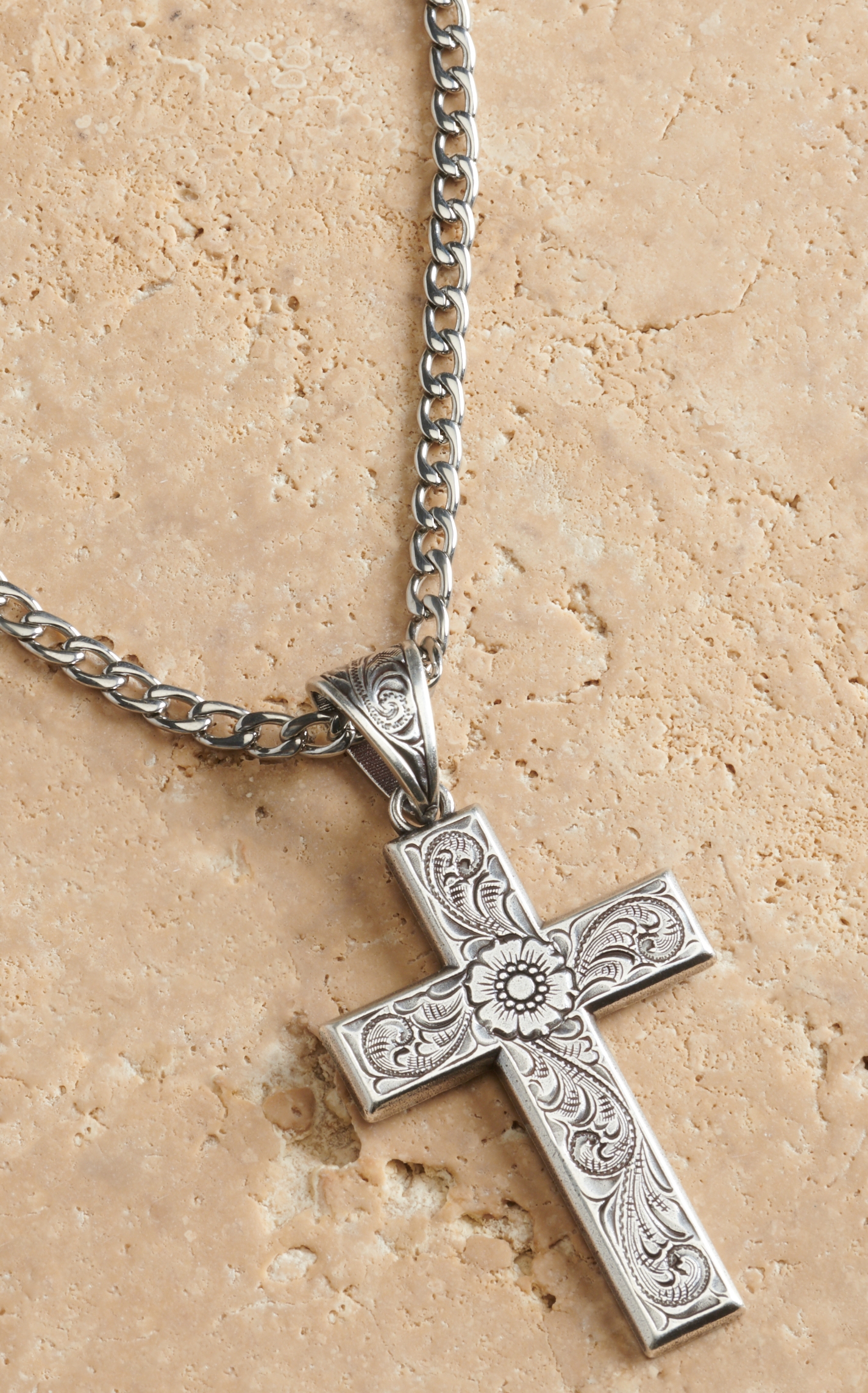 Twister Men's Silver with Floral Scroll Cross Necklace - Image 1