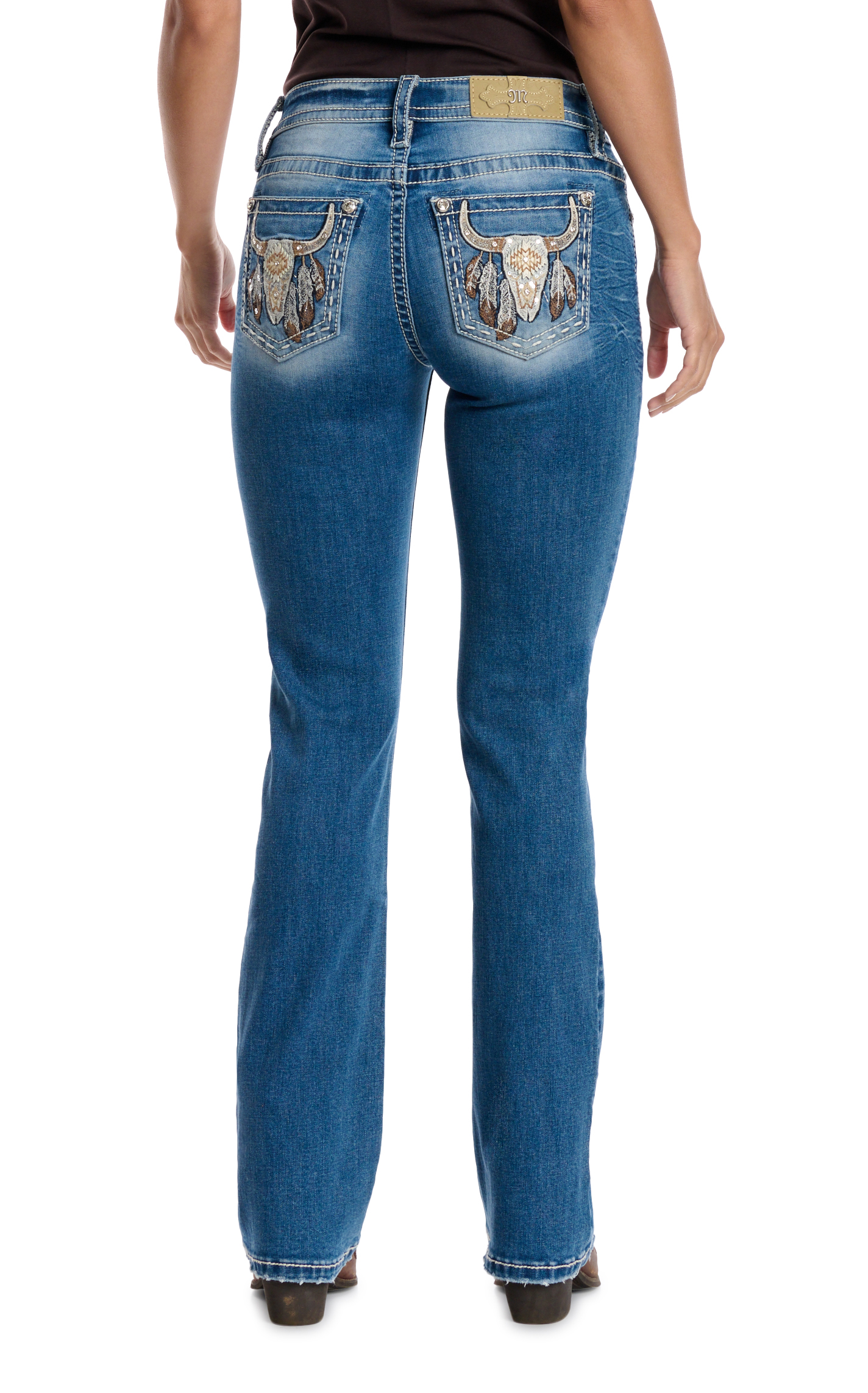 Miss Me Women's Medium Wash Aztec Skull & Feathers Boot Cut Jeans -  32\