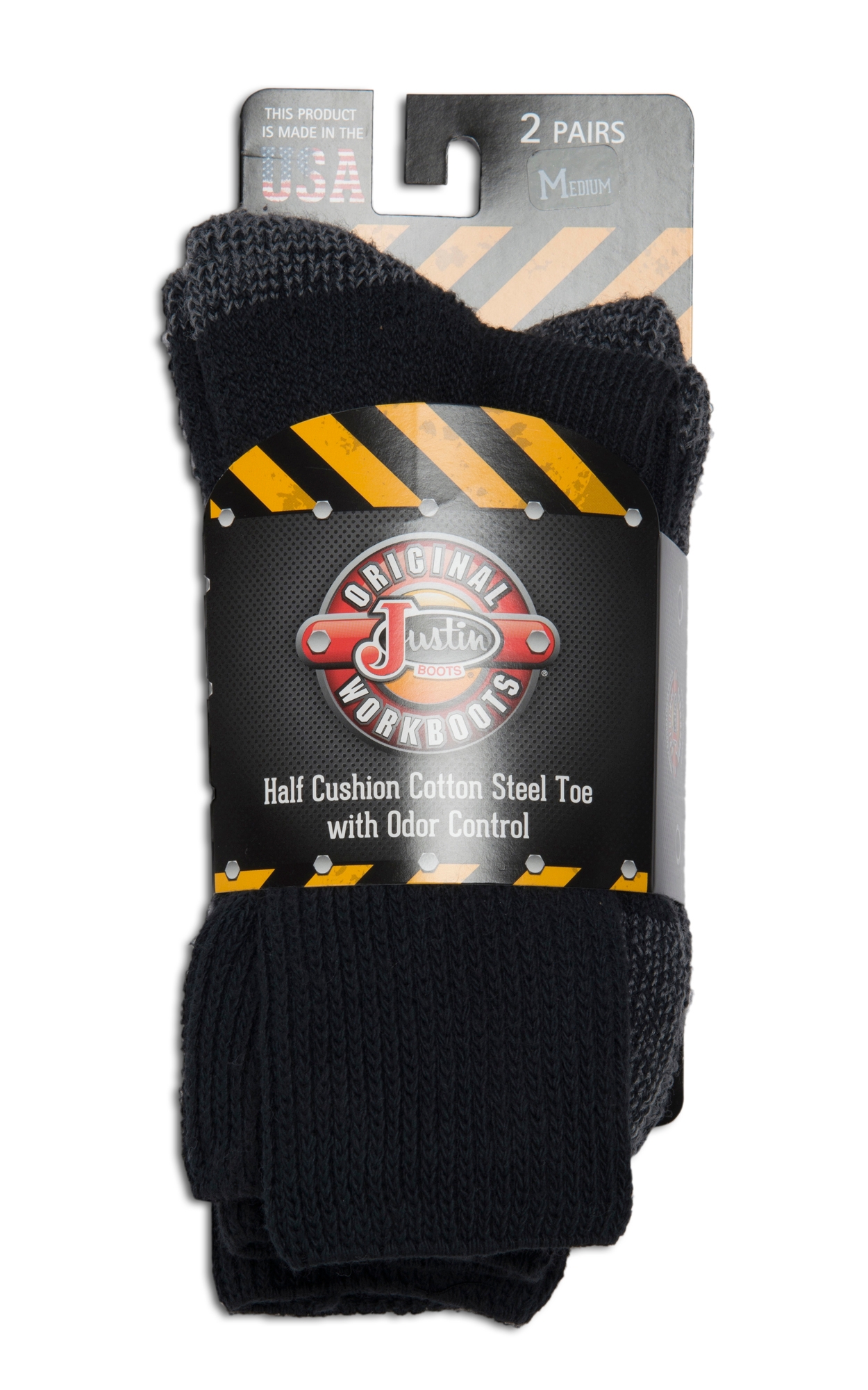 Justin Men's Black Half Cushion Cotton Crew with Odor Control 2Pk Steel Toe Boot Socks - XL - Image 1