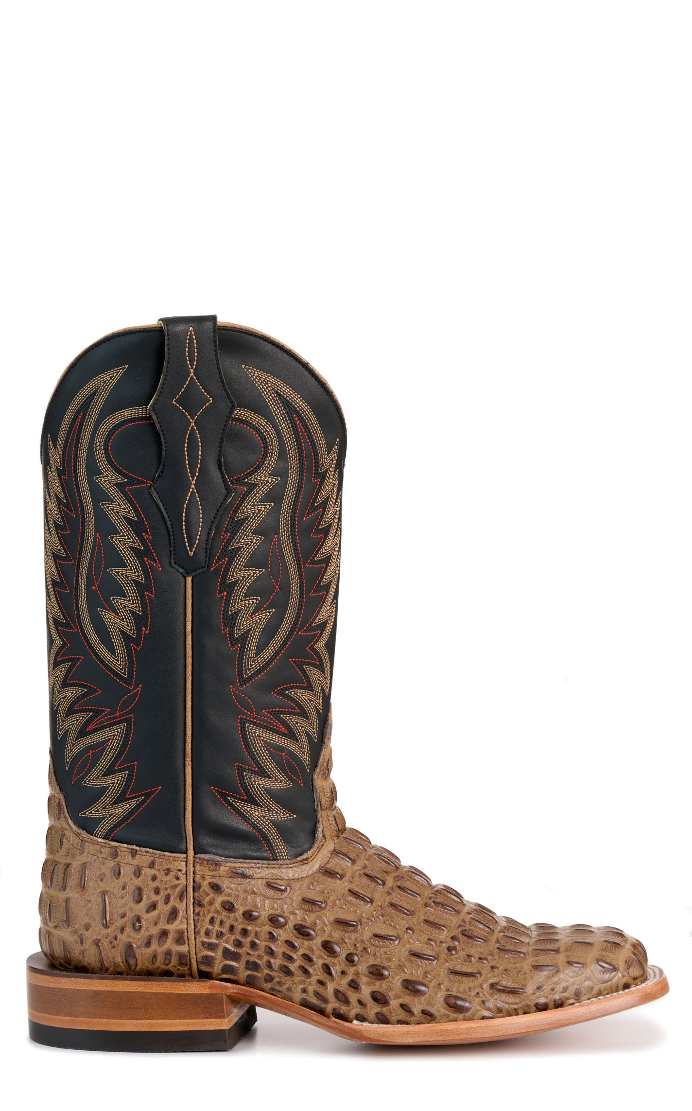 Cavender's Men's Pecan Caiman Print and Black Wide Square Toe Cowboy Boots - Image 1