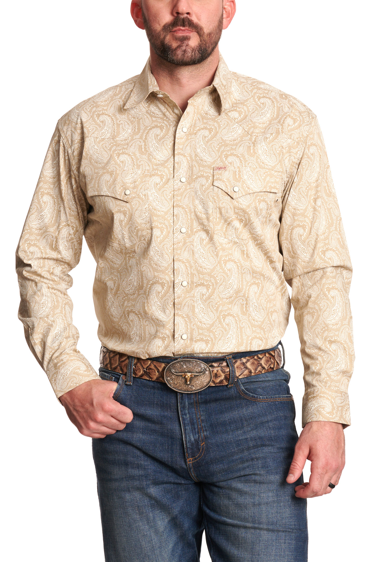 Rafter C Men's Tan Paisley Print Western Shirt - Image 2