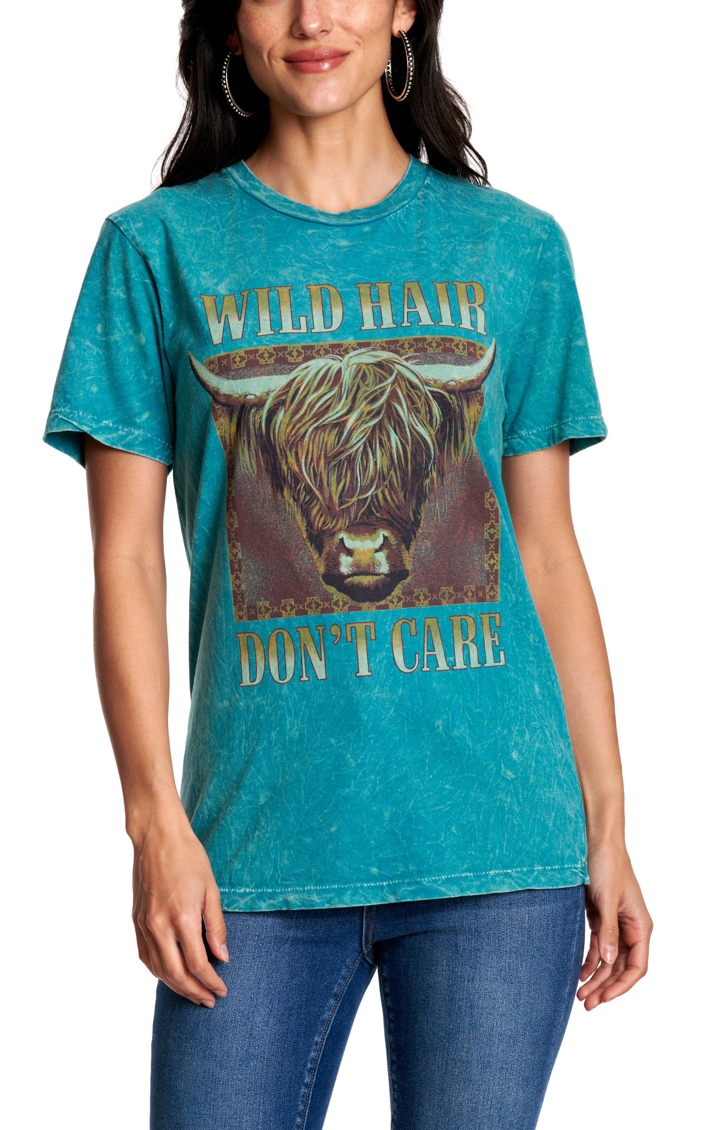 Lotus Fashion Women's Washed Teal Wild Hair Graphic T-Shirt - Image 3