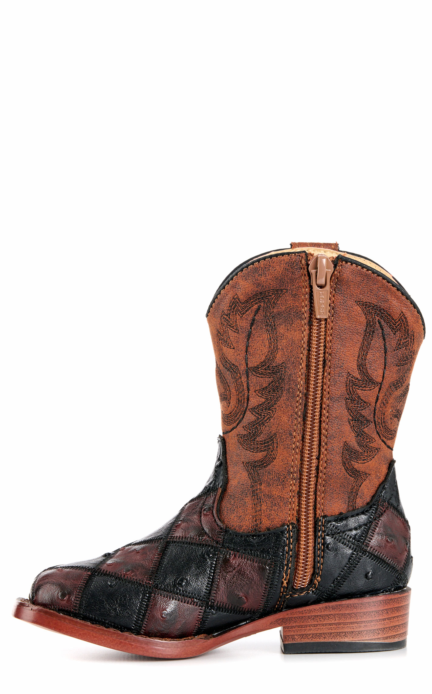 Roper Bird Blocks Toddler Burgundy & Black Faux Ostrich Cowboy Boots - Image 1
