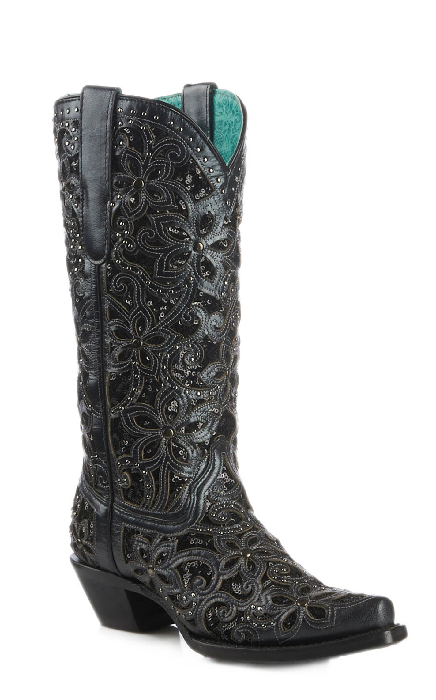 Corral Women's Black Floral Embroidered Glitter Inlay Snip Toe Cowboy Boots - Image 1