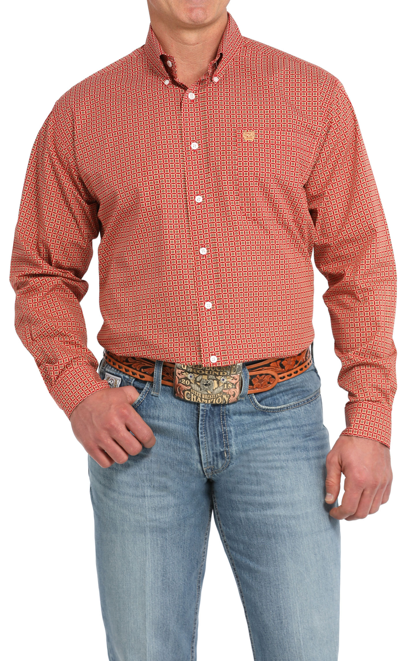 Cinch Men's Red & Golden Yellow Geo Print Western Shirt - Image 1