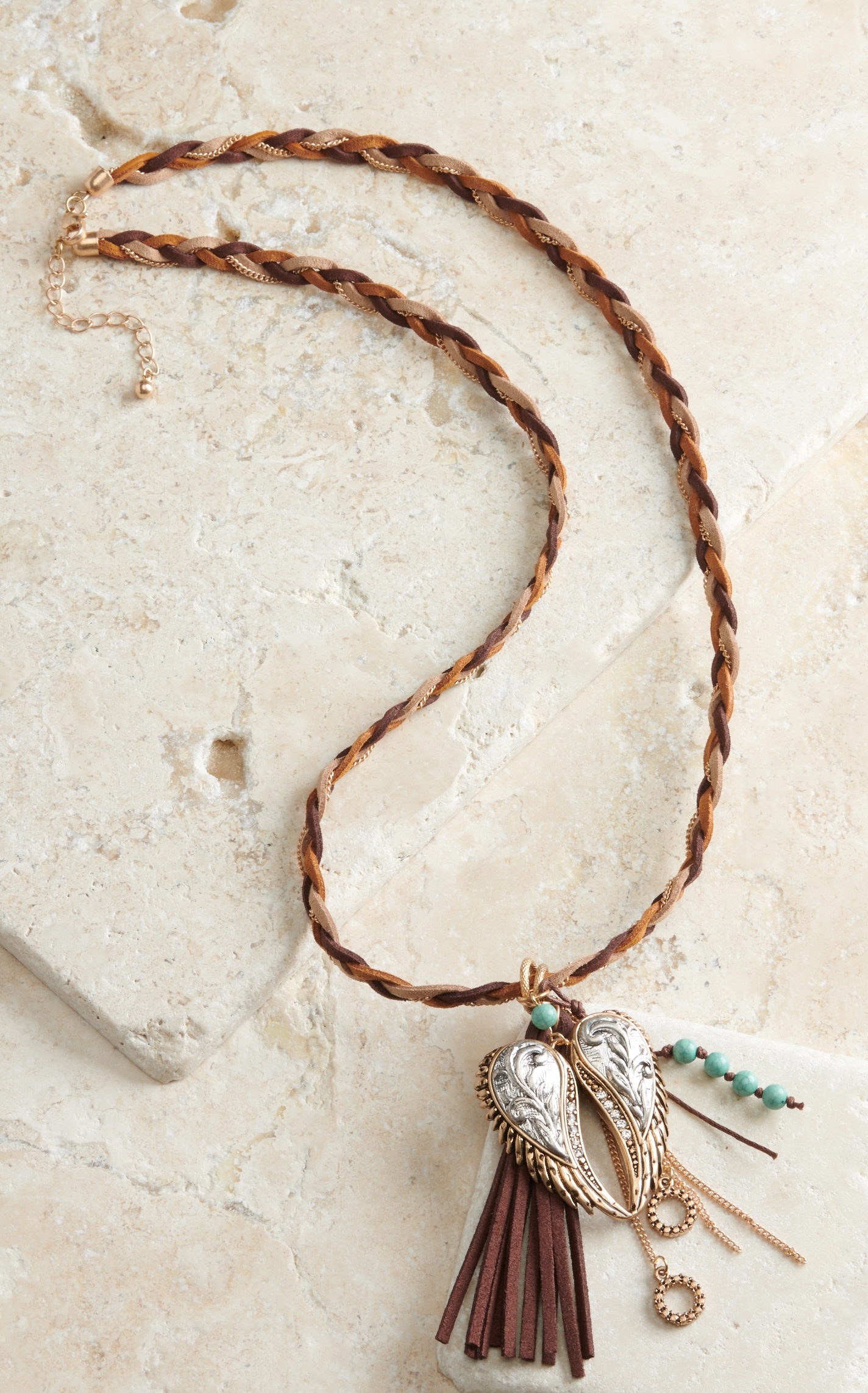Blazin Roxx Braided Necklace with Wings & Fringe Earrings Jewelry Set - Image 1