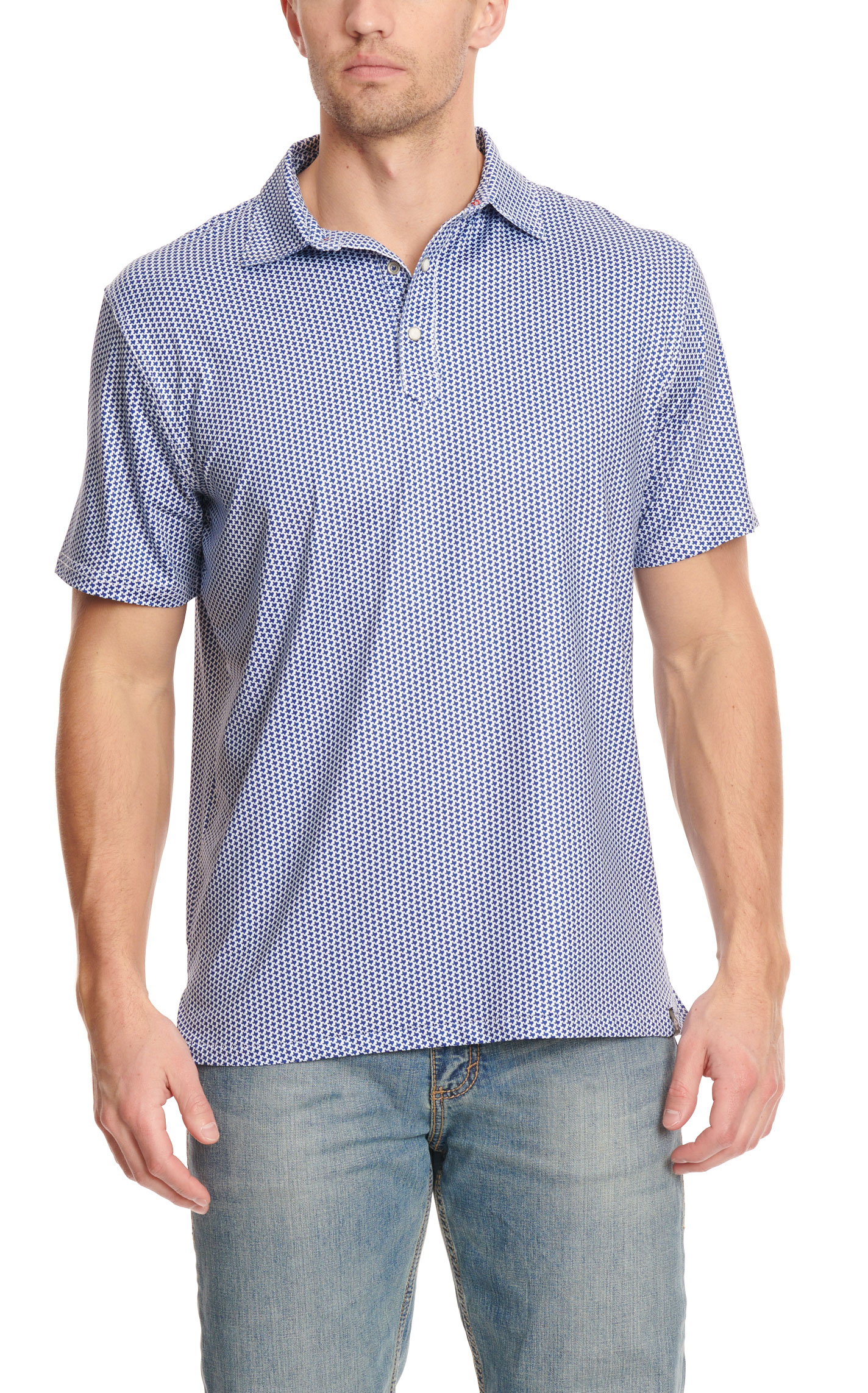 Rafter C Men's ProFlex45 Royal Blue Texas Geo Print Short Sleeve Snap Polo Shirt - Image 1
