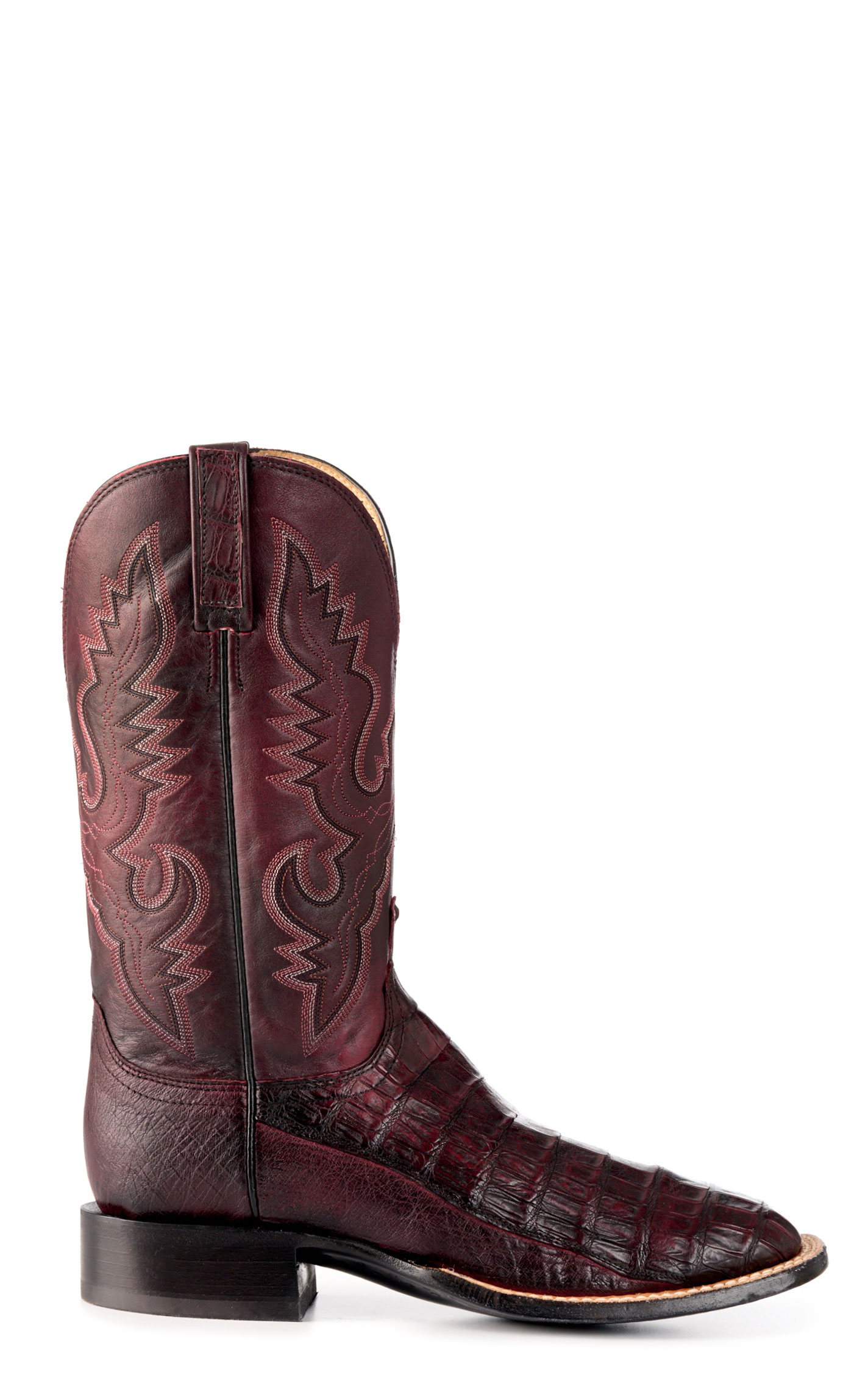 Lucchese Men's 1883 Black Cherry Caiman Tail and Smooth Ostrich Square Toe Exotic Western Boots - Image 1