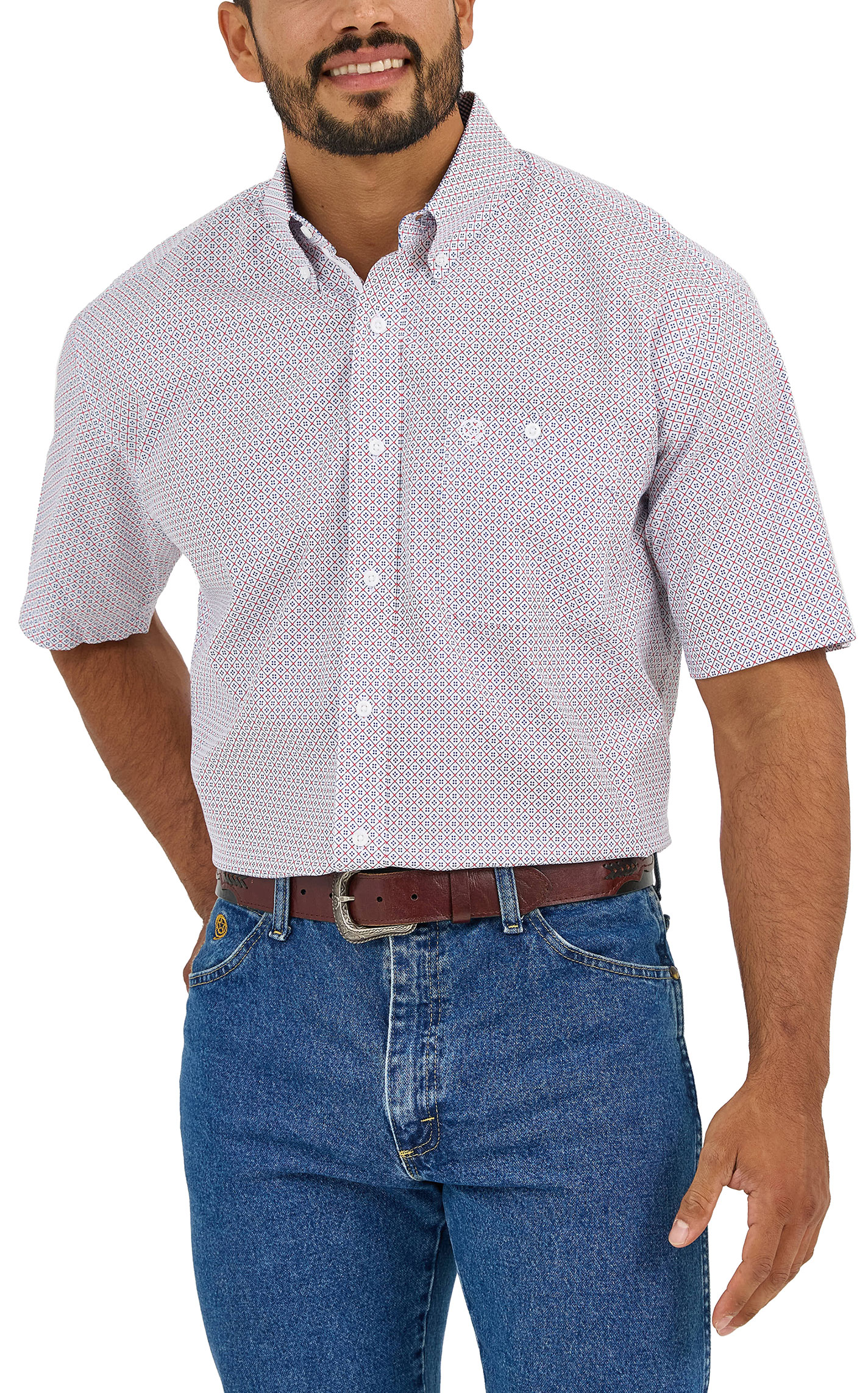 Wrangler Men's George Strait Collection Blue & Red Geo Print Western Shirt - Image 1