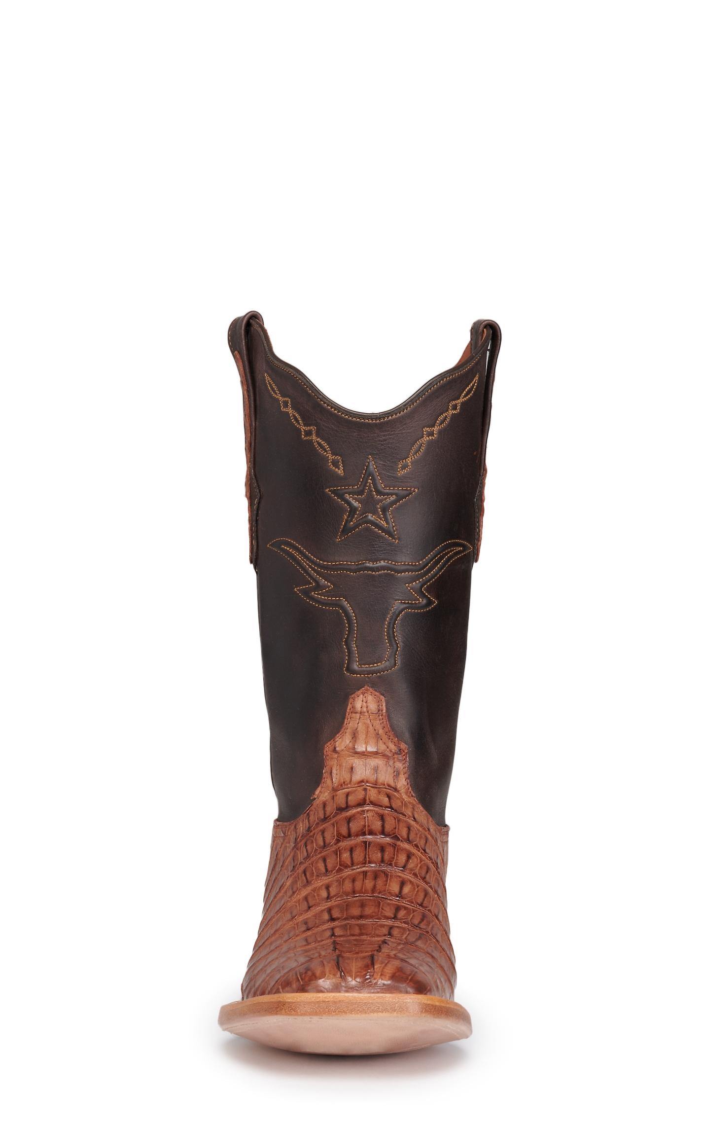 Black Jack Men's Chocolate and Cigar Caiman Tail Steer and Star Wide Square Toe Exotic Cowboy Boots - Image 1