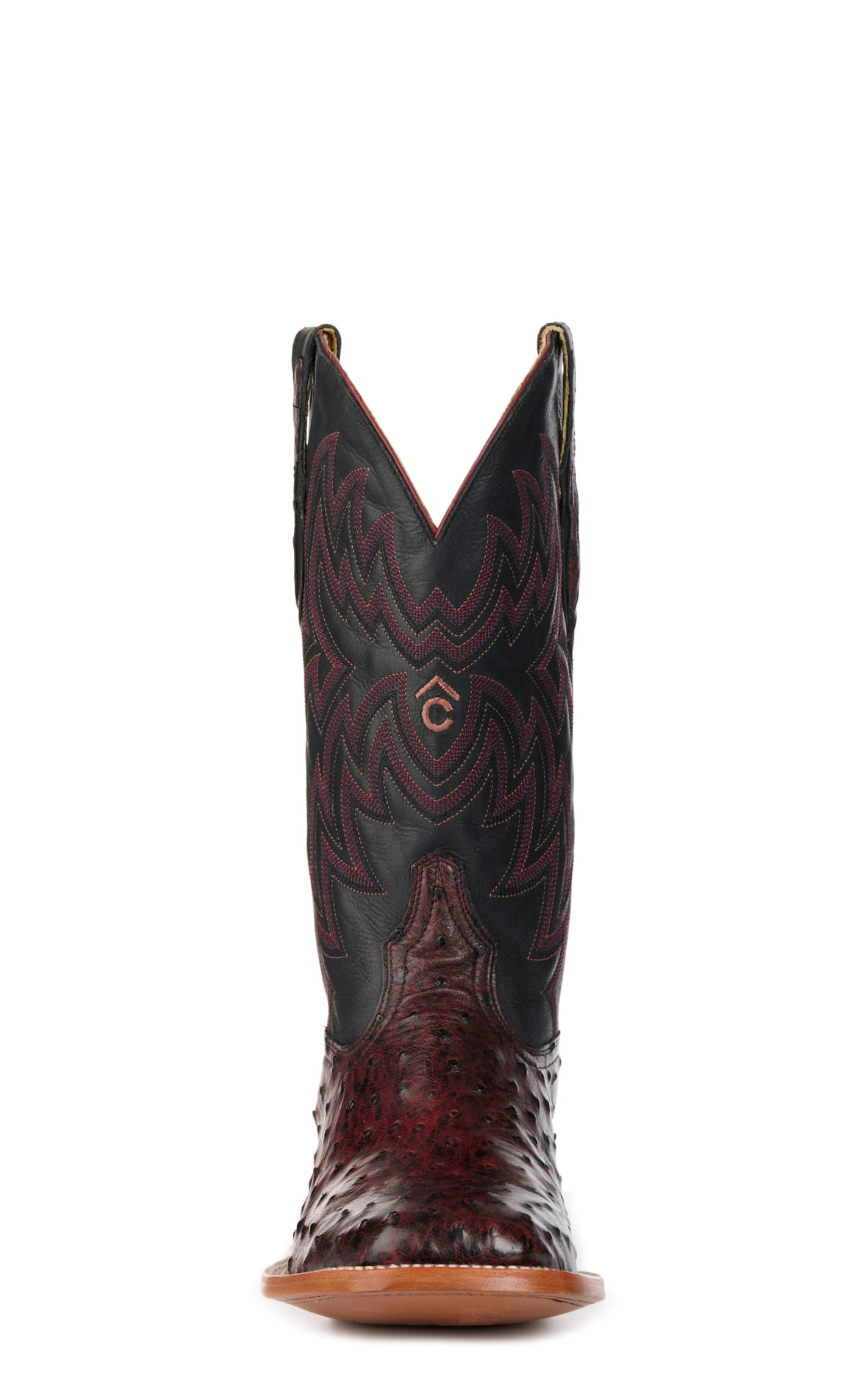 Cavender’s Men’s Black Cherry Full Quill Ostrich and Black Wide Square Toe Exotic Cowboy Boots - Image 1