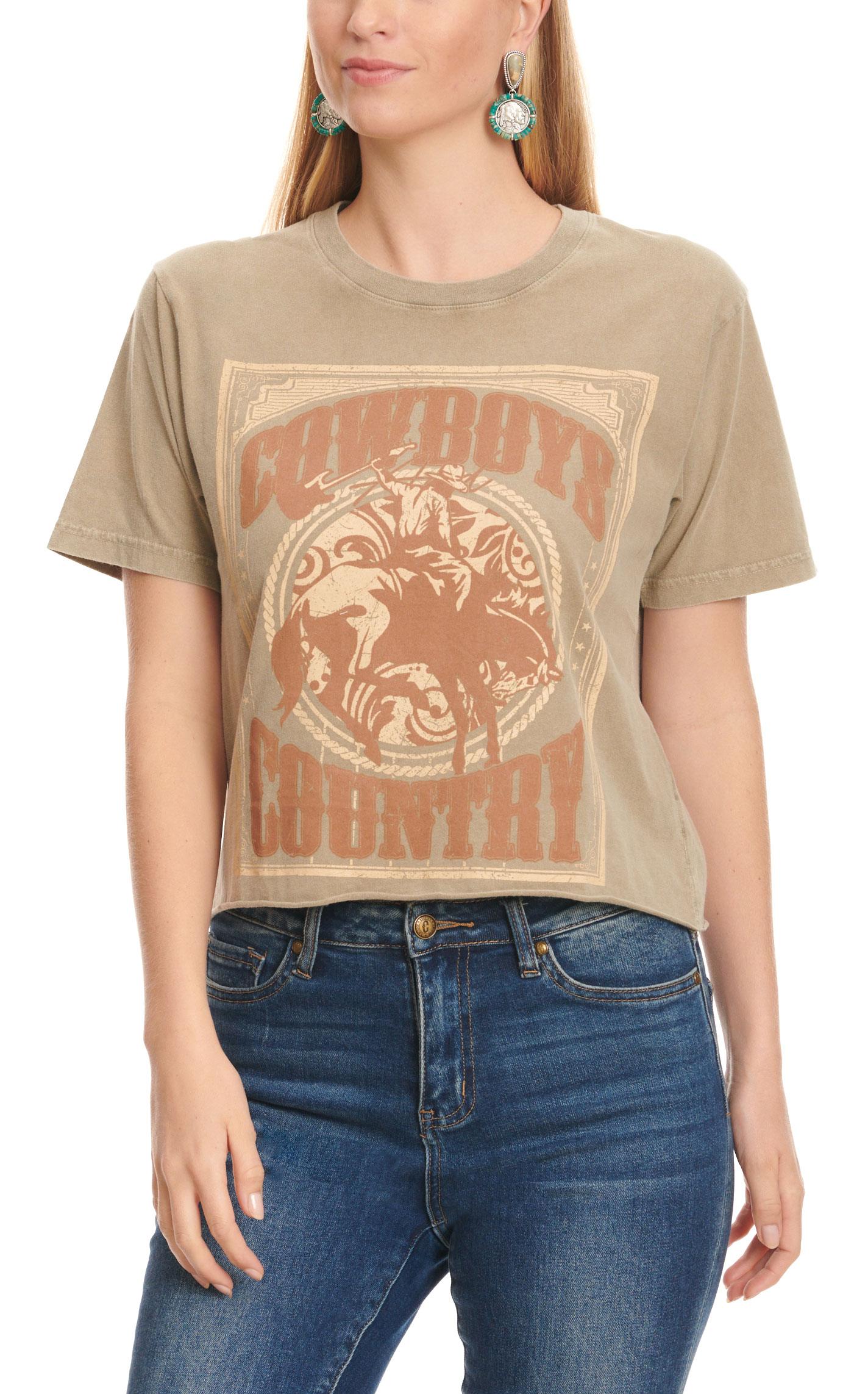 Refined Canvas Women's Mocha Latte Cowboys Country Graphic Short Sleeve Cropped T-Shirt - Image 1